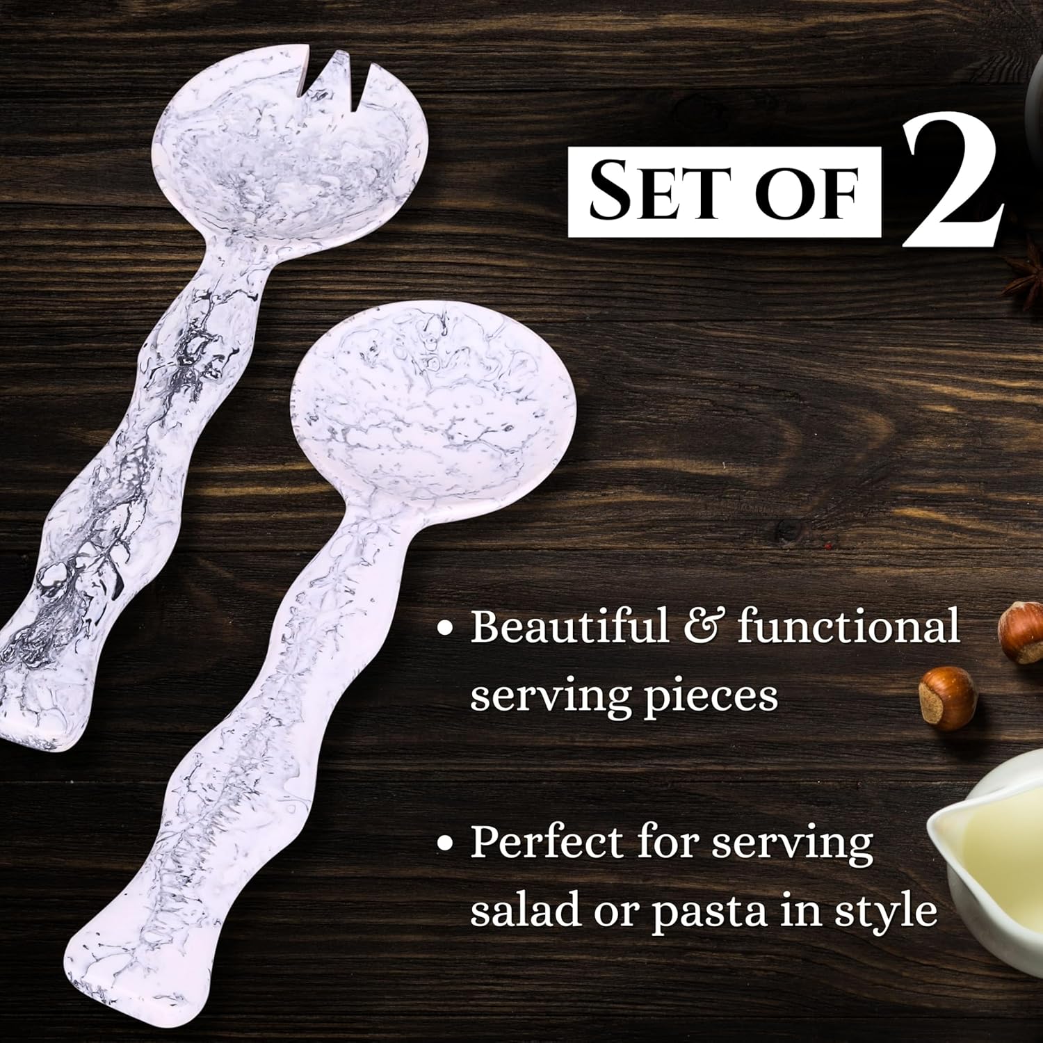 Salad Servers, Resin Salad Tongs, Long Handle Salad Server Set for Mixing, Tossing and Cooking (Salad Spoon and Fork Set) (Black & White)