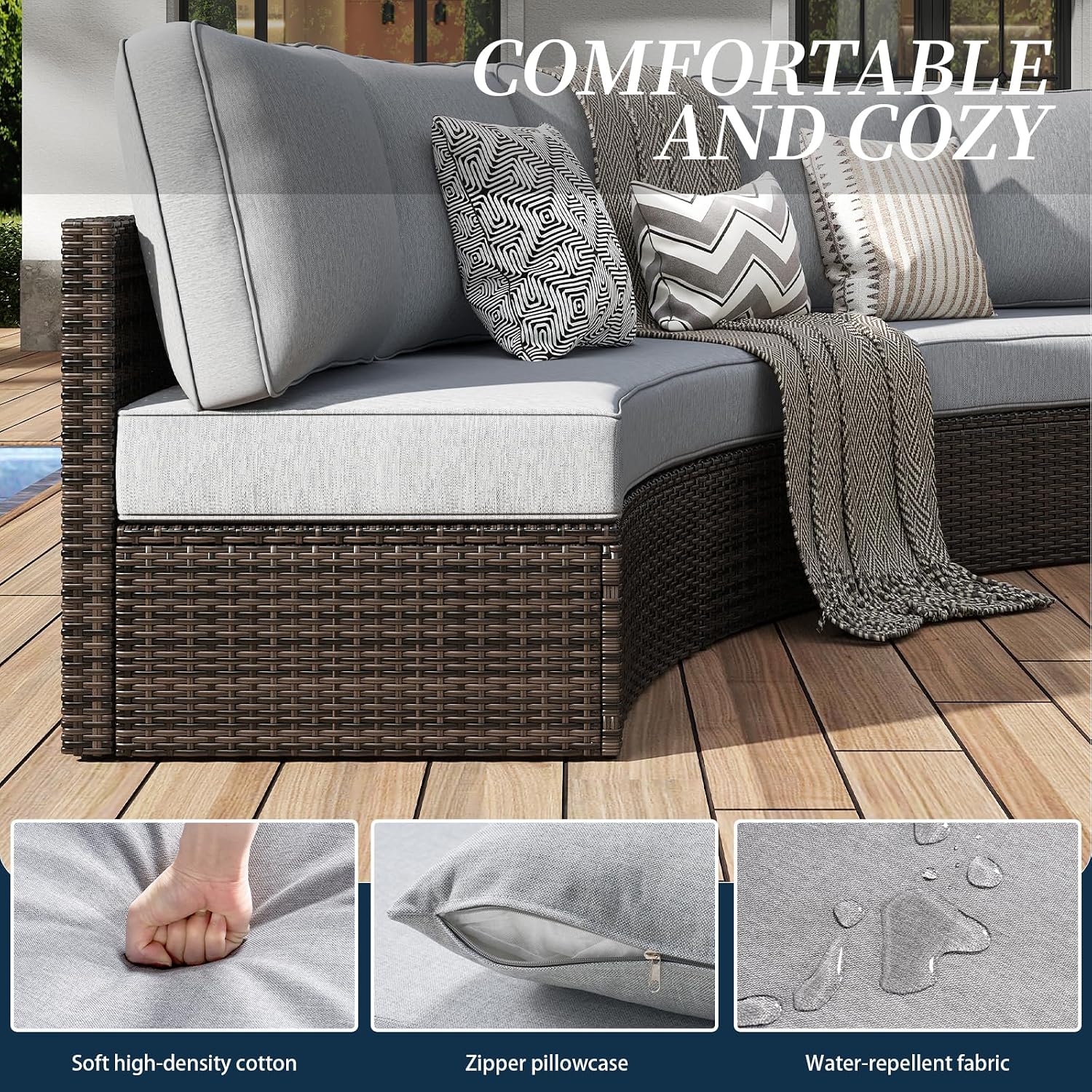 11 Piece Outdoor Patio Furniture Set, Half Moon Patio Sectional Set with Soft Cushions and Ottoman, All Weather Rattan Wicker Curved Outdoor Sofa for Backyard Patio Garden