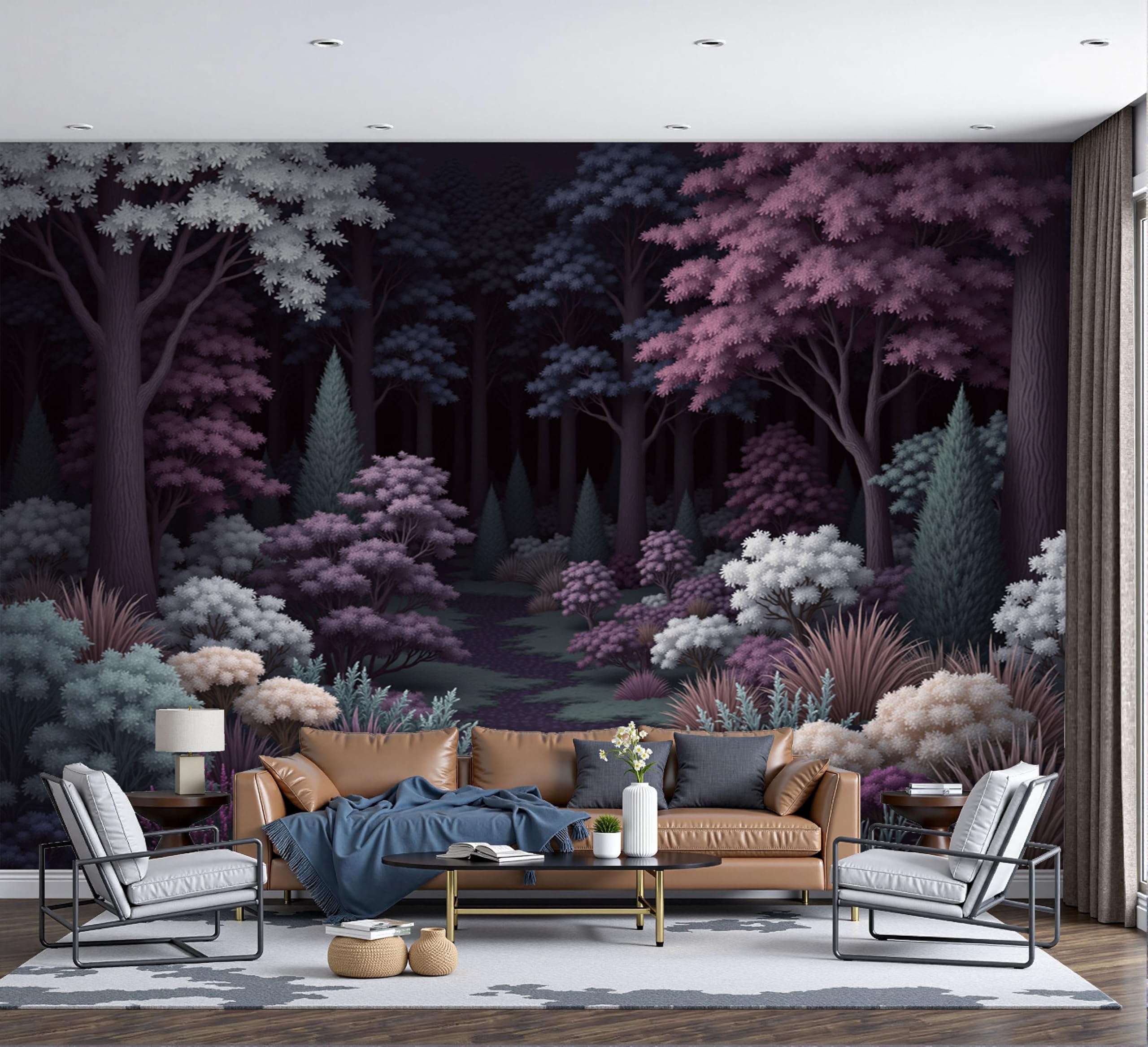 Papier Peint Panoramique Arbres Violets pour créer un cocon jungle dans une chambre