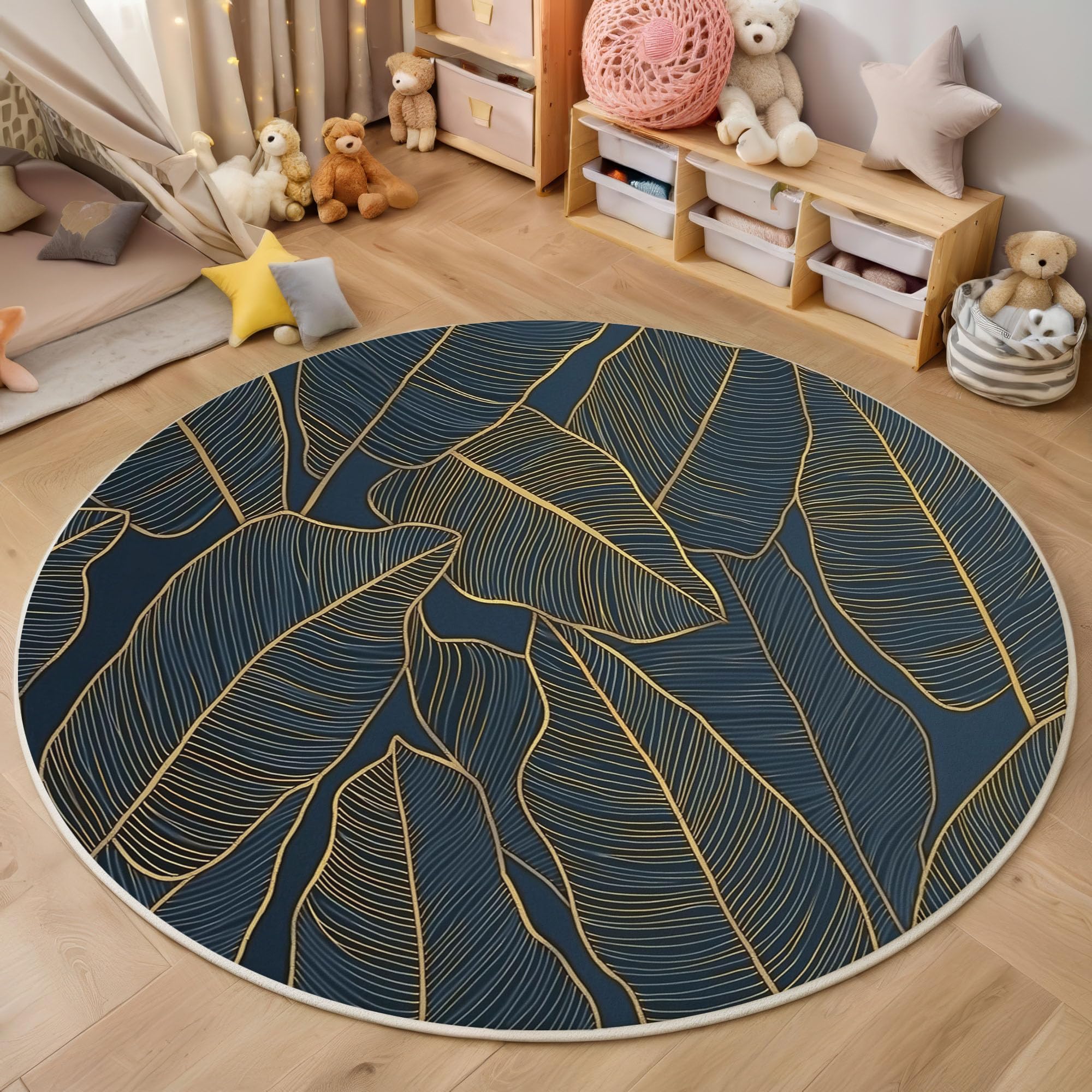 Tappeto Rotondo Salotto 100cm, Piante di lusso File di foglie di banano Tappeto Soggiorno Antiscivolo Pelo Corto, Tappeti Rotondi Lavabile Morbido Tappeti Camera da Letto Oro