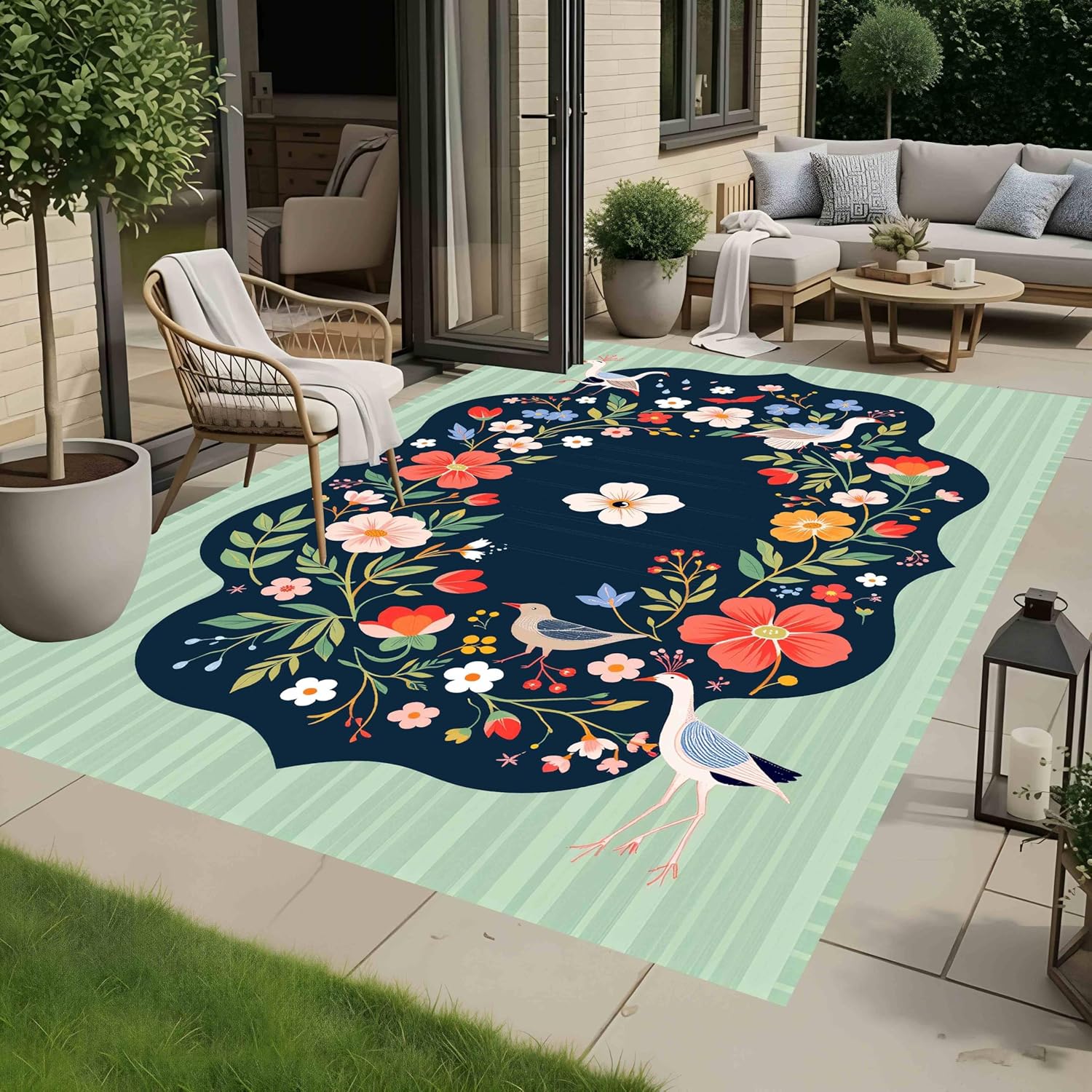 Light Mint Green Navy Red Floral Bird Print Area Rugs for Porch Patio Deck Camping Machine Washable Non Slip Thin Large Rug Front Yard Foyer Entrance Floor Mats Rustic 2x3 Outdoor Waterproof Carpet