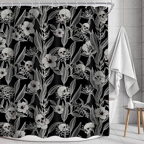 Miniatura 2 de AMBZEK Cortina de ducha con diseño floral de calavera gótica, 60 pulgadas de ancho x 72 pulgadas de largo, para hombre, esqueleto gótico,
