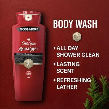 Old Spice Refreshing Body Wash for Men, 3X Defense, 24/7 Shower Fresh with Long Lasting Scent, Red Collection, Swagger with Cedarwood Scent, 24 oz (Pack of 2)