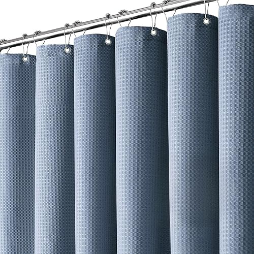 Inhousolu - Cortina de ducha de tela con tejido de gofre, color azul claro de luna resistente de 7.16 ozm, dobladillo pesado, 14 ganchos de metal,