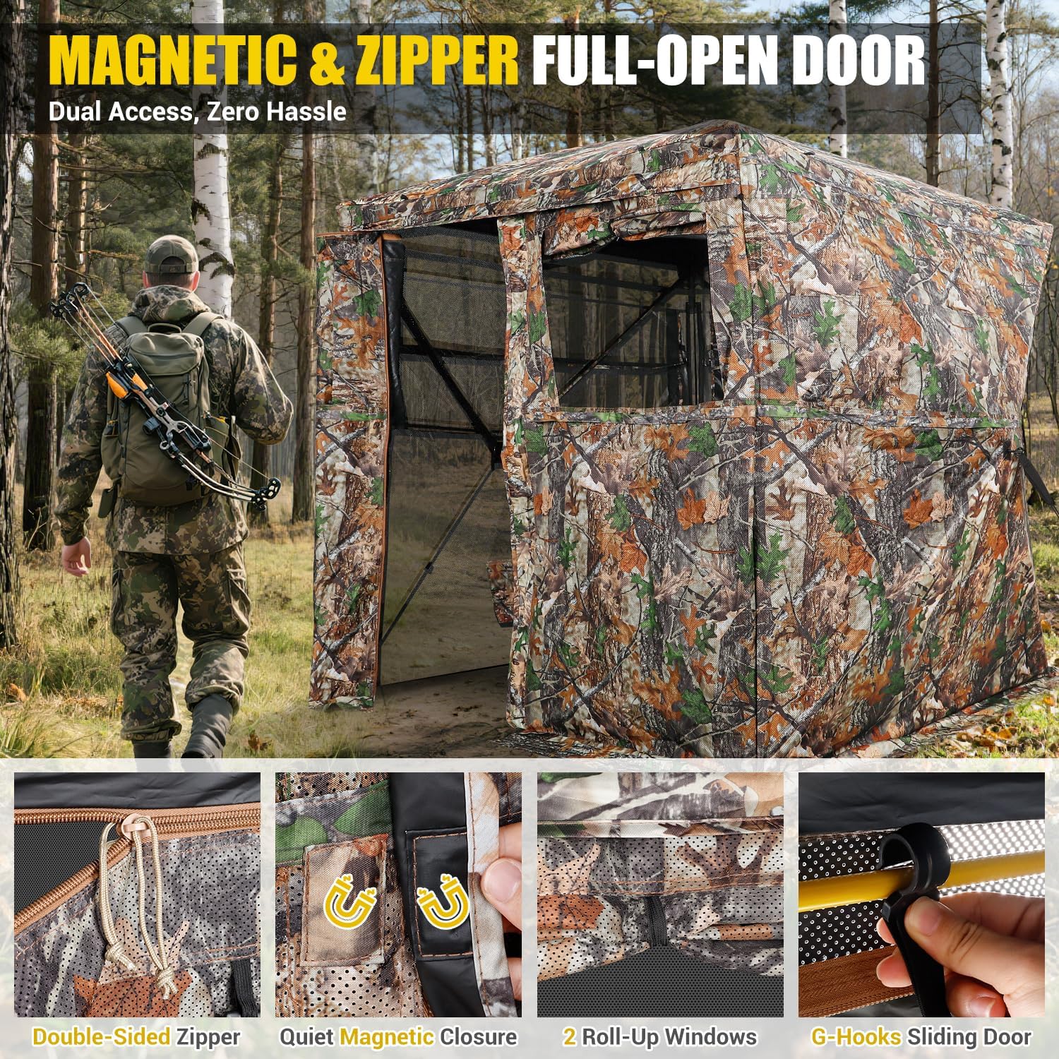 Hunting Blind with Magnetic Full Open Large Door & Silent Windows, 270°/360° See Through Pop Up Ground Blind for 2-3/3-4 Person, Tent for Deer Turkey Hunting, Waterproof, Portable, Carry Bag