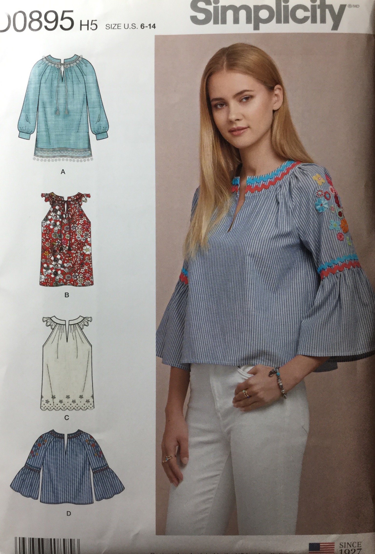 Patron Simplicity D0895 pull-over top femme manches longues courtes mi-saison taille 6-14
