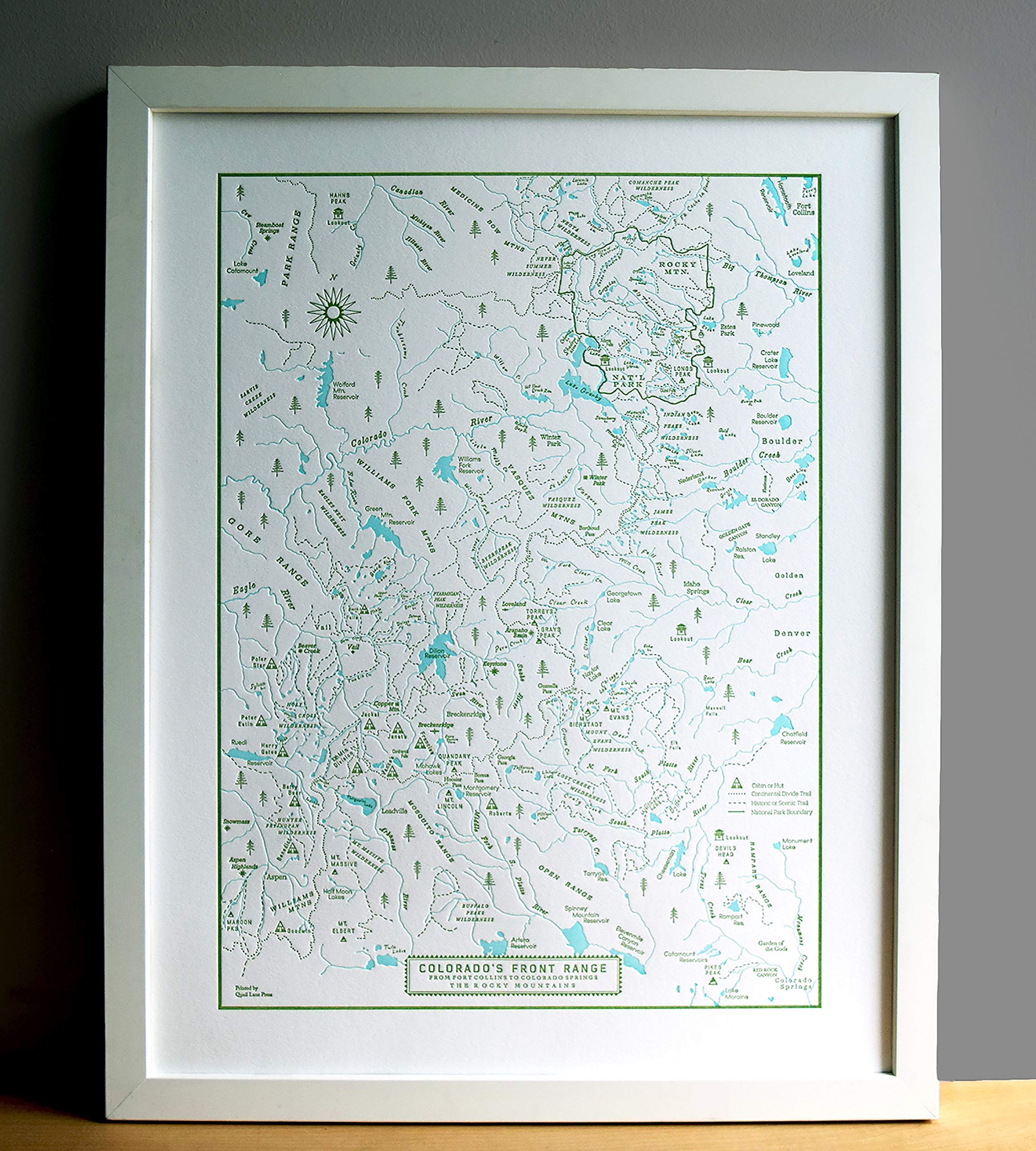 Colorado Map, the Front Range from Fort Collins to Colorado Springs. Unframed Print