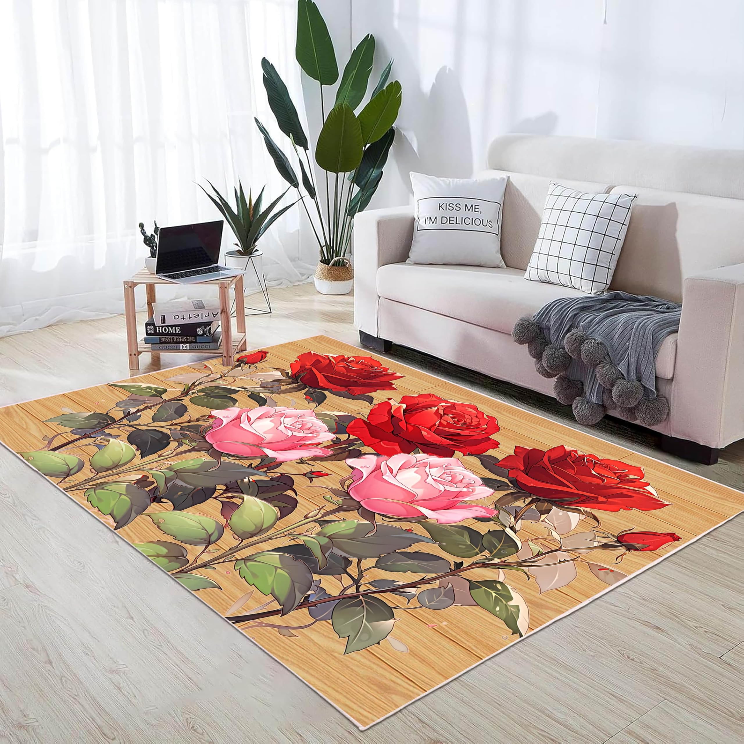 ZCLRUG Romantic Flowers Area Rug 60 x 90 cm, Red Pink Rose green leaf Flower stem Low Pile Rugs, Foldable Non Slip Washable Retro style Floor mat for Girls Bedroom Living Room Office indoor Carpet