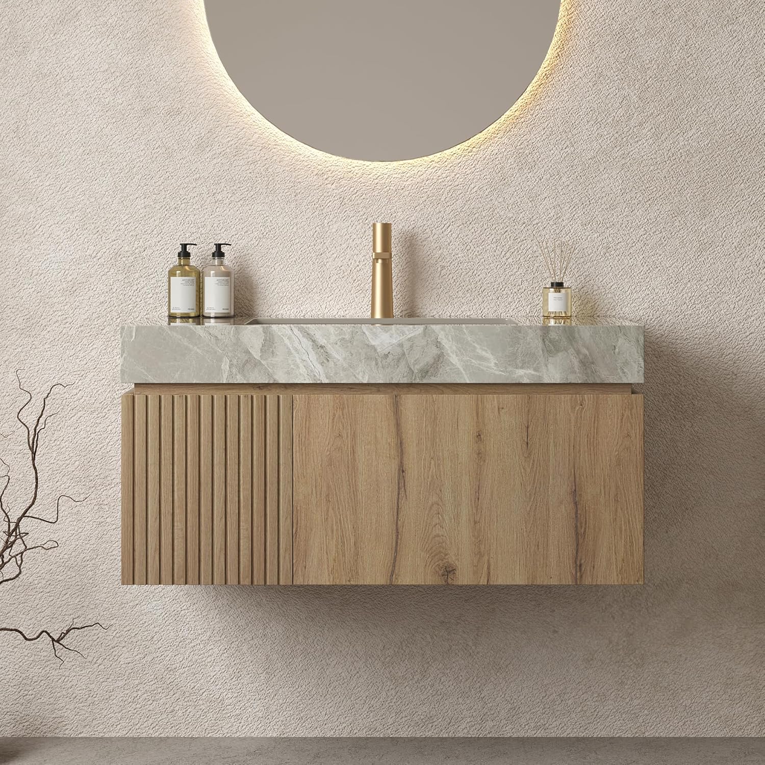 LKTART Floating 36 Inch Bathroom Vanity with Sink, Modern Plywood Wall Mounted Bathroom Storage Cabinet with 1 Door and 1 Drawer, Roma Travertine-Pattern Sintered Stone Countertop and Ceramic Basin