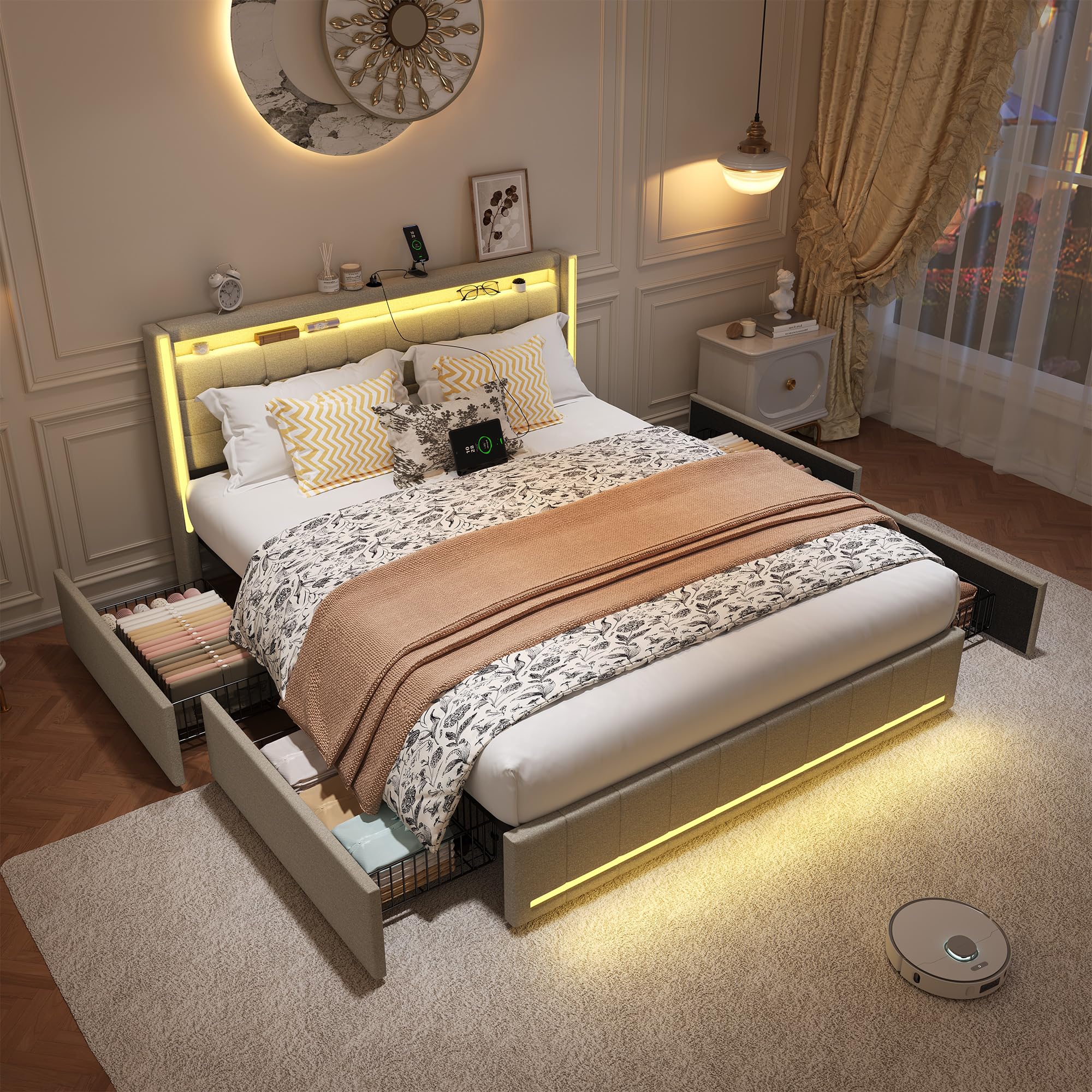 LIVLUX Lit 140x190 avec Sommier LED et USB,lit Double rembourré avec sommier à Lattes et 4 Tiroirs,lit 2 Personnes pour Adultes et Adolescents,Lin (Beige, 140 x 190 cm)