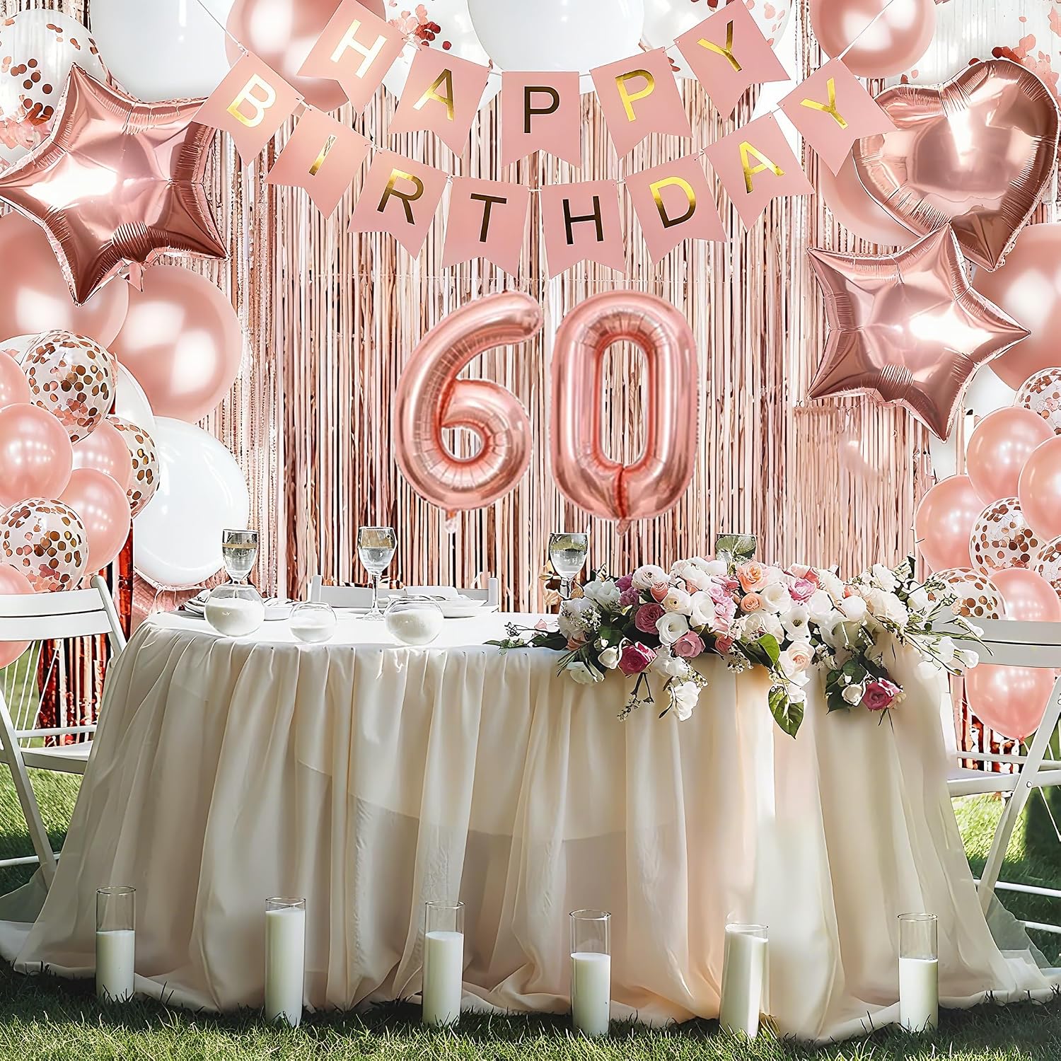255 Pcs Rose Gold 60th Birthday Decorations for Women – Party Decoration Supplies Kit with “Happy Birthday” Banner, Balloons, Crown, Sash, Cake Topper, Tableware & Fringe Curtain for 25 Guests