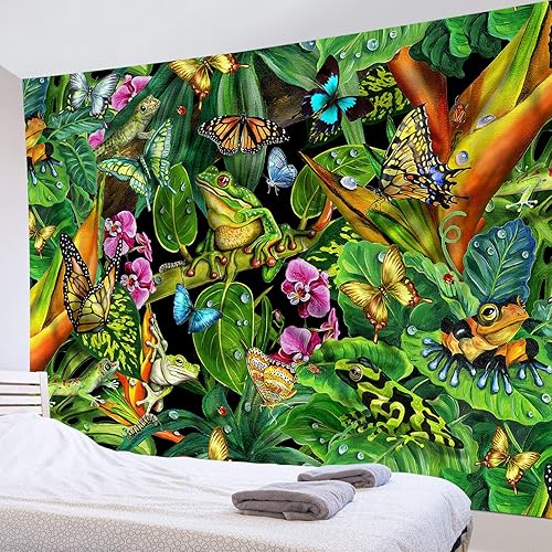 Miniatura 4 de HVEST - Tapiz de rana con diseño de mariposas y plantas verdes en la selva tropical tropical, para colgar en la pared, para dormitorio, sala de