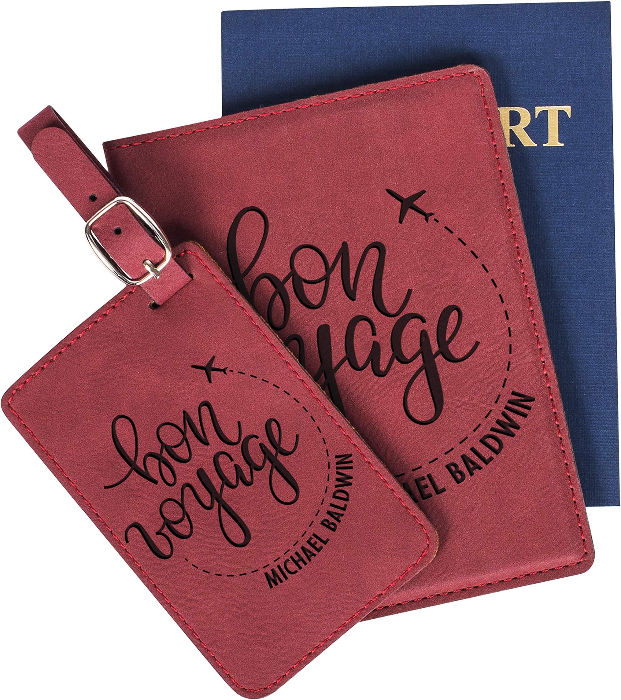 Personalized Leatherette Passport Holder and Luggage Tag Set for Women and Men | 18 Design Options | Custom Engraved Passport Cover Suitcase Tag with Name, Travel Gifts for Boss | Burgundy