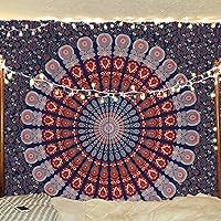Vista 51 de Bless International - Tapiz de cama para colgar en la pared con mandala de pavo real bohemio y psicodélico (azul dorado, rosa, tamaño Queen