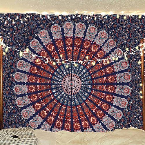 Miniatura 141 de Tapiz hippie indio bohemio psicodélico dorado mandala de pavo real azul dorado para colgar en la pared (naranja marrón, King (88 x 104 pulgadas)