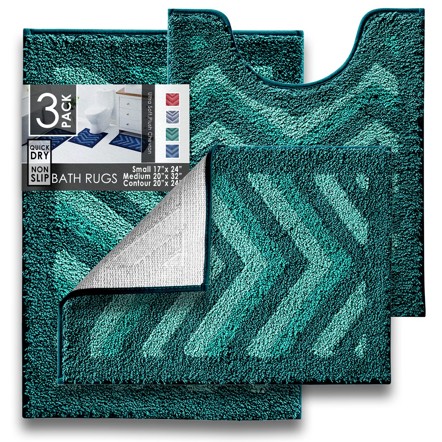 Clara Clark Bathroom Rugs, Shaggy Plush Bath Mat Set, Ultra Soft Bathroom Mat, Non Slip Backing Rubber, Chevron Design Bath Rug Set, 3 Piece, Green