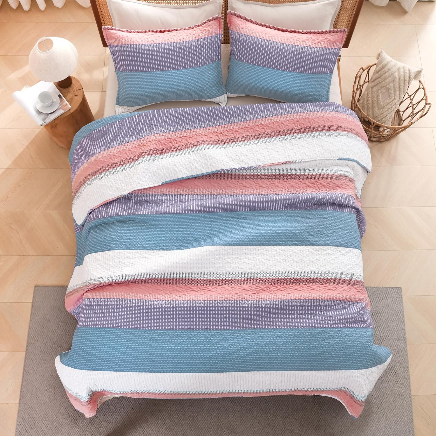 Litanika Twin Quilt Set Purple, Blue and White, 68x86 Stripe Bedspread Coverlet 2 Pieces, Pink Lightweight Quilted Bedding Set for All Season(Twin-1 Quilt, 1 Pillowcase)