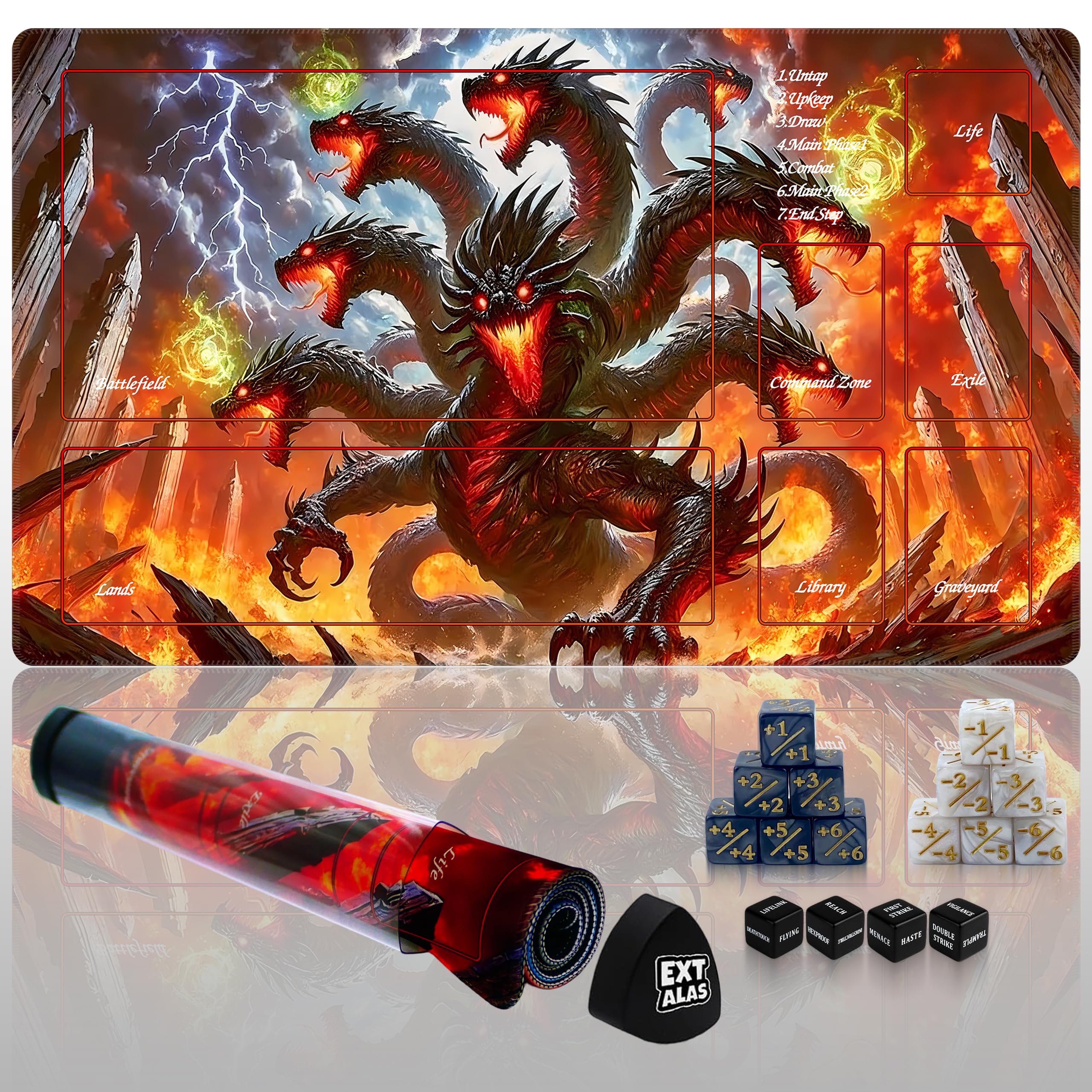 Extalas MTG Playmat with Storage Tube & 7-Dice Set - Waterproof TCG Playmat with Stitched Edges, Non-Slip Rubber Card Game Mat (24"x14") (playmat with Zones, Dragon Fire Vortex) โ image 1