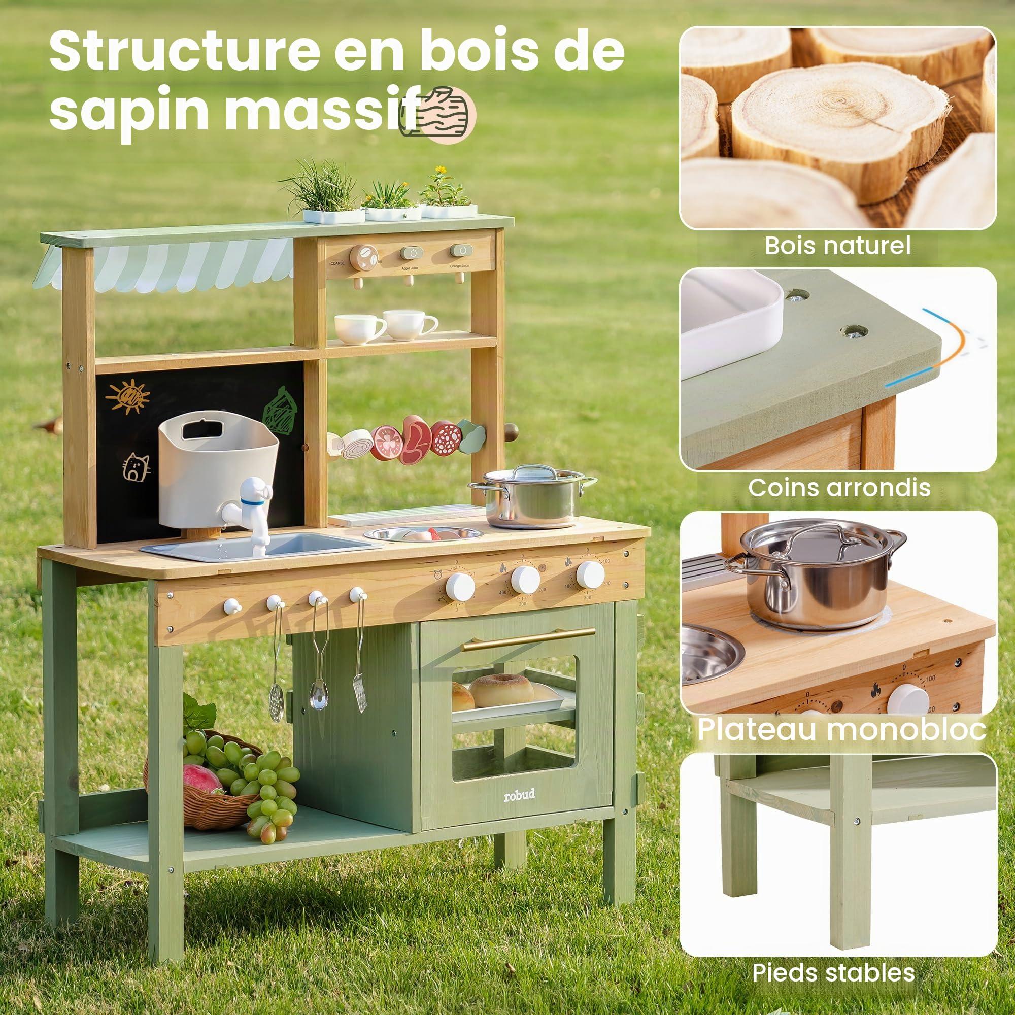 ROBUD Cuisine en Bois pour Enfants, 17 pièces de Cuisine avec évier, Tableau Noir et Accessoires, Cuisine extérieure pour Barbecue, Jeu de éducatif pour Les Enfants de 3 Ans et Plus