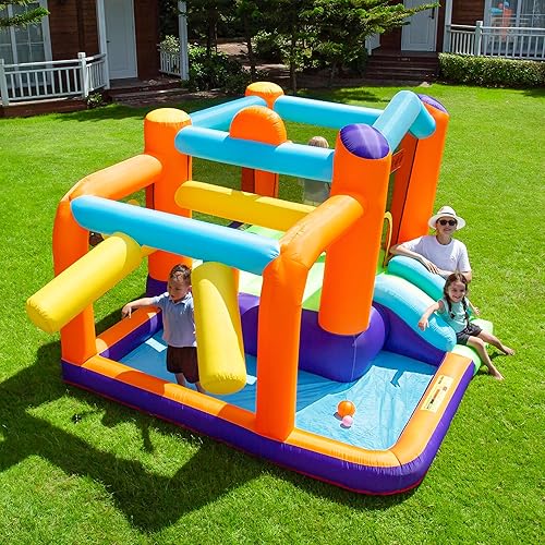 Miniatura 9 de Casa inflable de rebote para niños, para fiestas en interiores y exteriores con zona de salto resistente, tobogán, piscina de bolas, patio trasero,