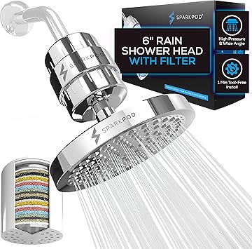 SparkPod Luxury Filtered Shower Head Set 23 Stage Shower Filter - Reduces Chlorine and Heavy Metals - High Pressure Showerhead Filter (6" Round, Luxury Polished Chrome)
