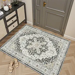 Madane Washable Entry Rug 3x4, Area Rugs for Entryway Kitchen Bathroom Door Mat Indoor Entrance, Vintage Floral Print Office Runner with Non Slip Rubber Backing, Black
