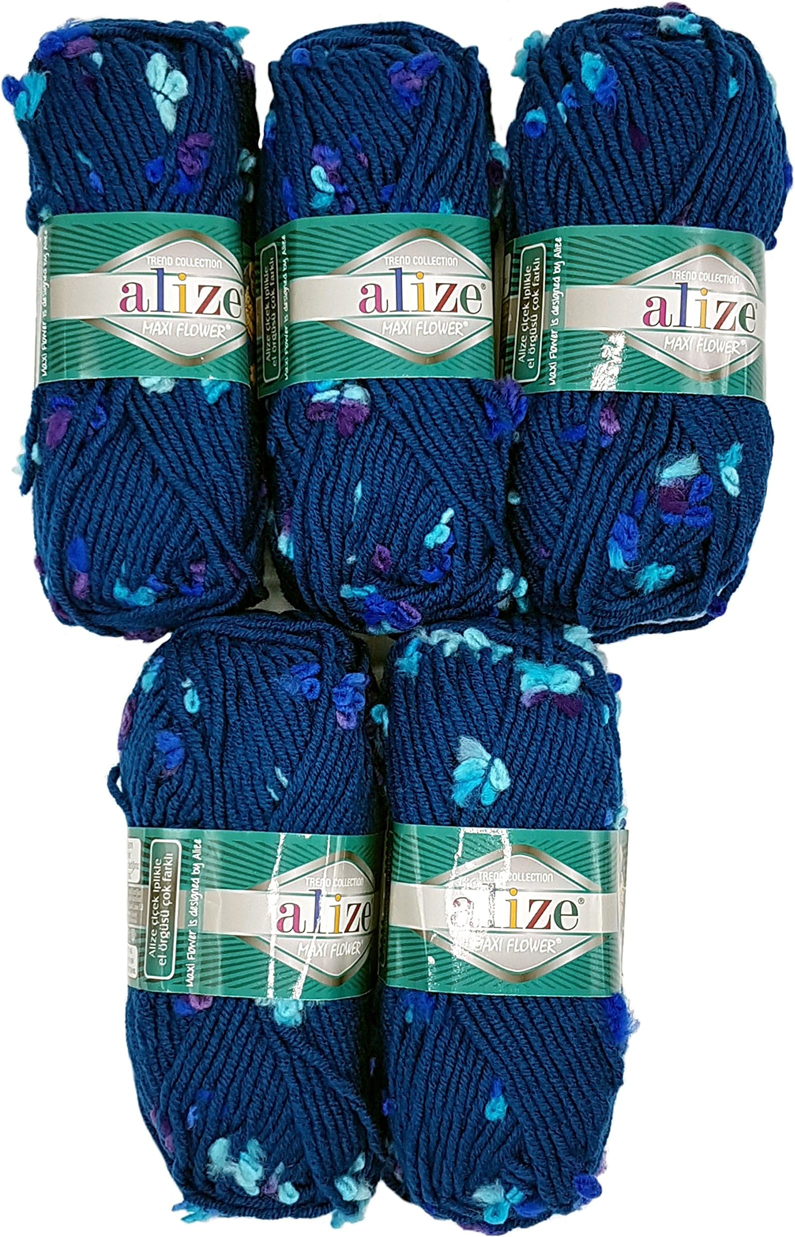 5 x 100 Grams Alize Maxi Flower Wool with Colour 500 Gram Effect - blue
