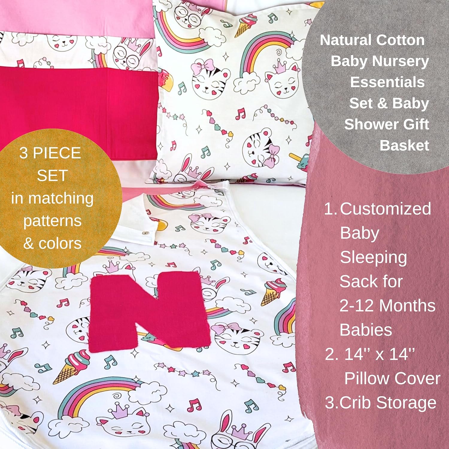 Personalized Baby Sleeping Sack for 2-12 Months & Nursery Essentials Set, 3-Piece Natural Cotton Gift Set for Baby Shower (Cats & Rainbows)