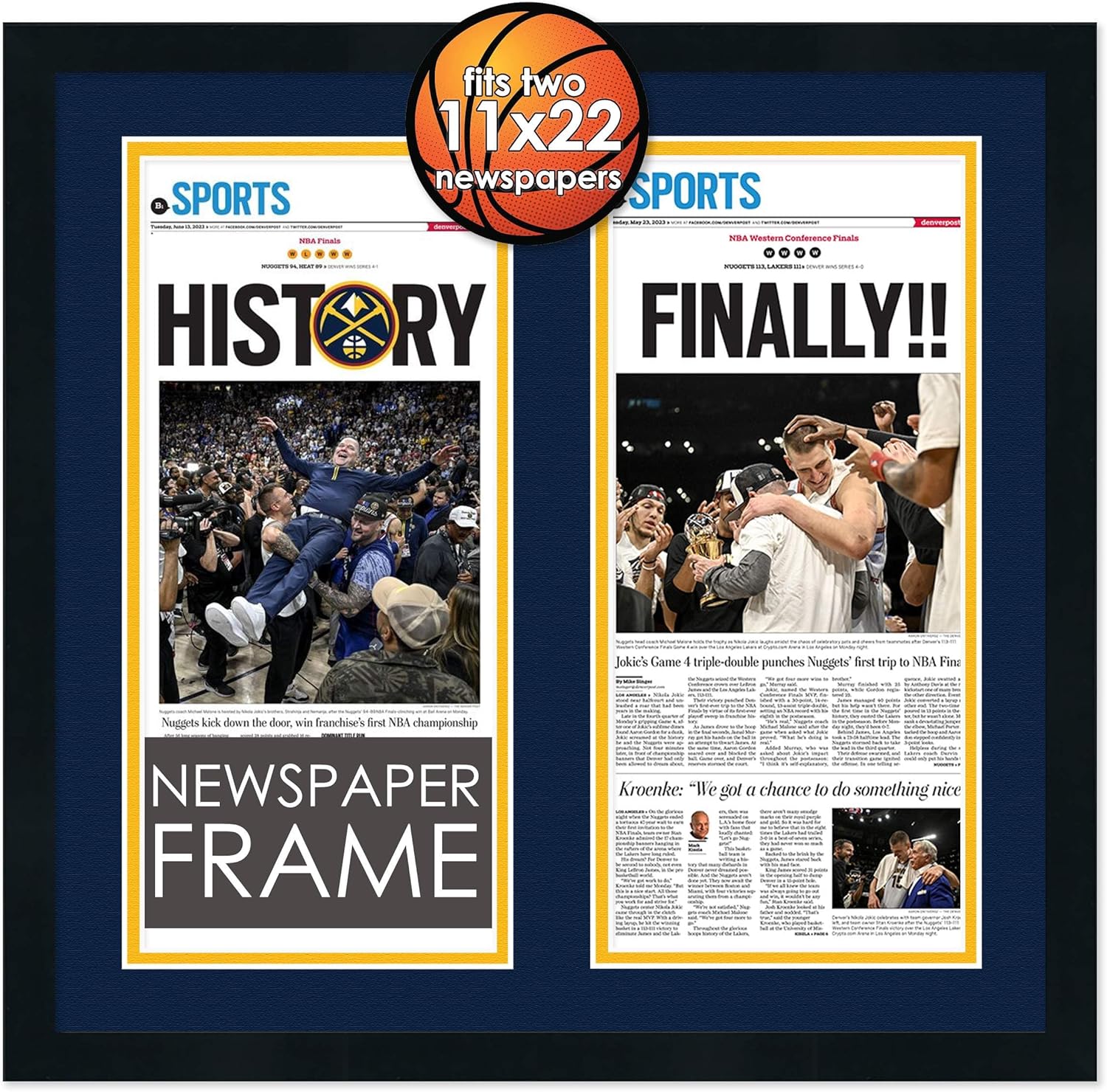 11x22 Frame for Two Newspapers (Black) | Acid Free Midnight Blue Navy on Yellow Double Photo Mat | UV Resistant Picture Frame Grade Protective Acrylic | Conservation Backing Board | Hanging Hardware