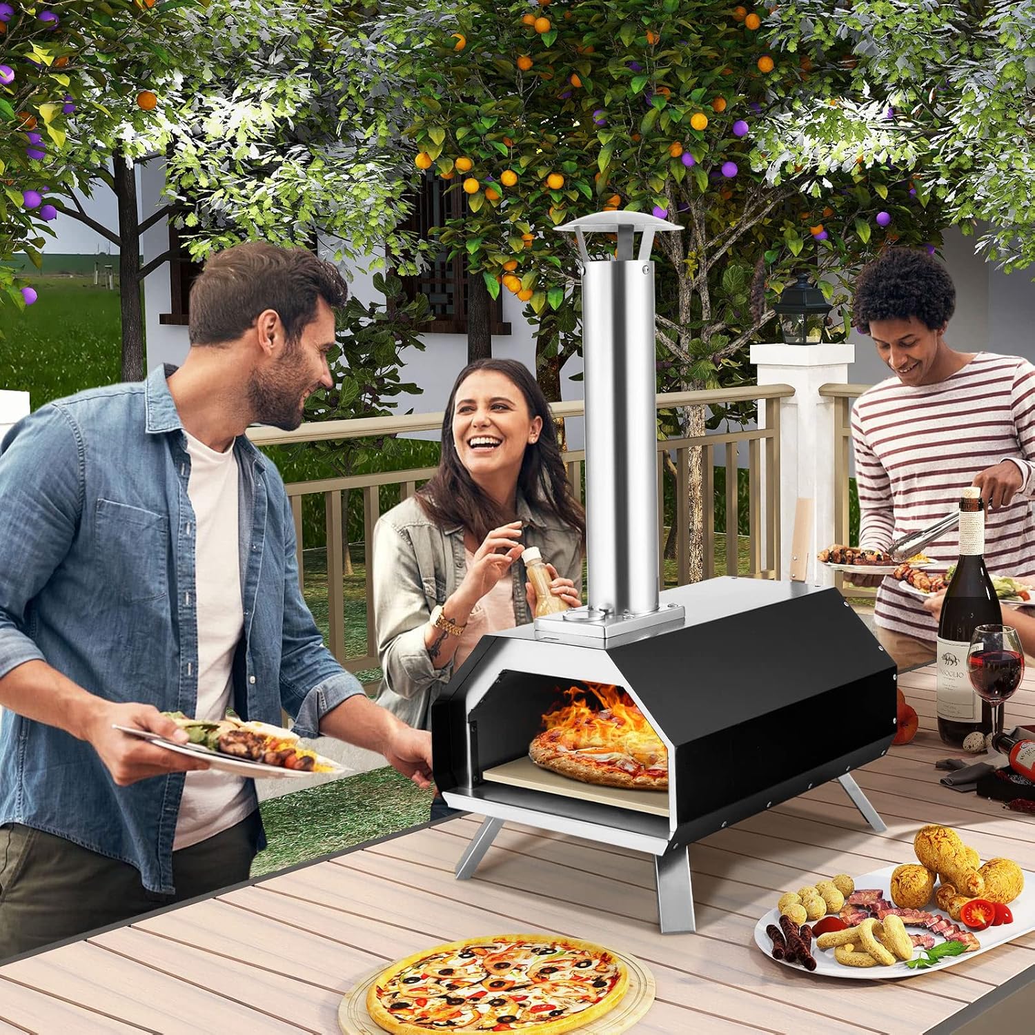 Giantex Outdoor Pizza Oven, Wood Pellet Fired Grill With 12'' Stone, Peel, Foldable Legs, Portable Stainless Steel Maker for Camping Backyard Cooking (Black & Silver)