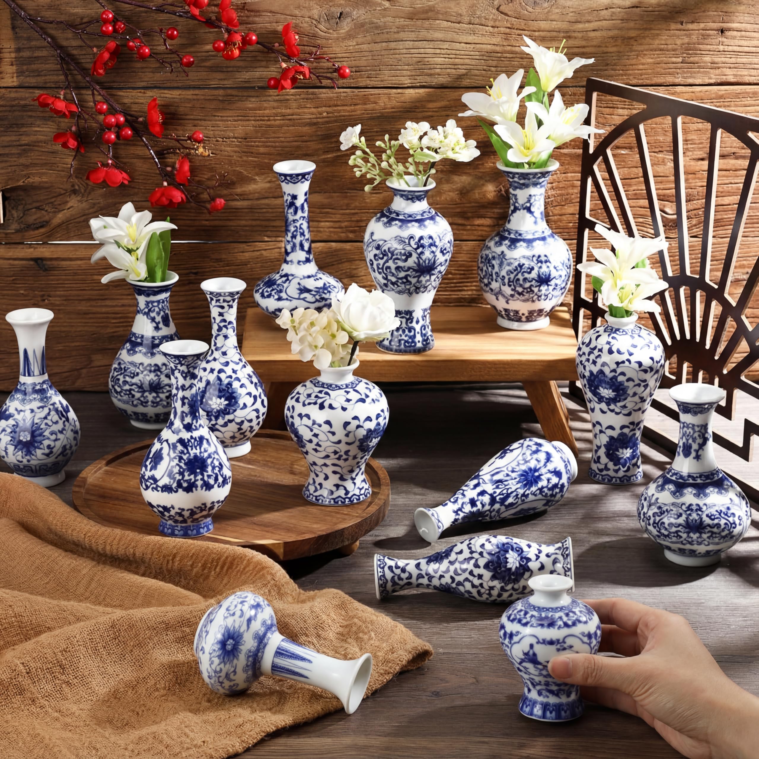 Vesici Lot de 15 vases en porcelaine bleue et blanche - Petit vase chinois vintage en porcelaine - Jardinière chinoise pour salon, table, étagère, bureau, centres de table, décoration de Noël