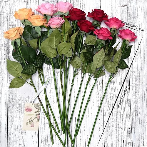 Miniatura 213 de FiveSeasonStuff 12 tallos de flores artificiales, rosas de seda de tacto real para decoración de bodas, ramos de novia, centros de mesa, fiestas y 9