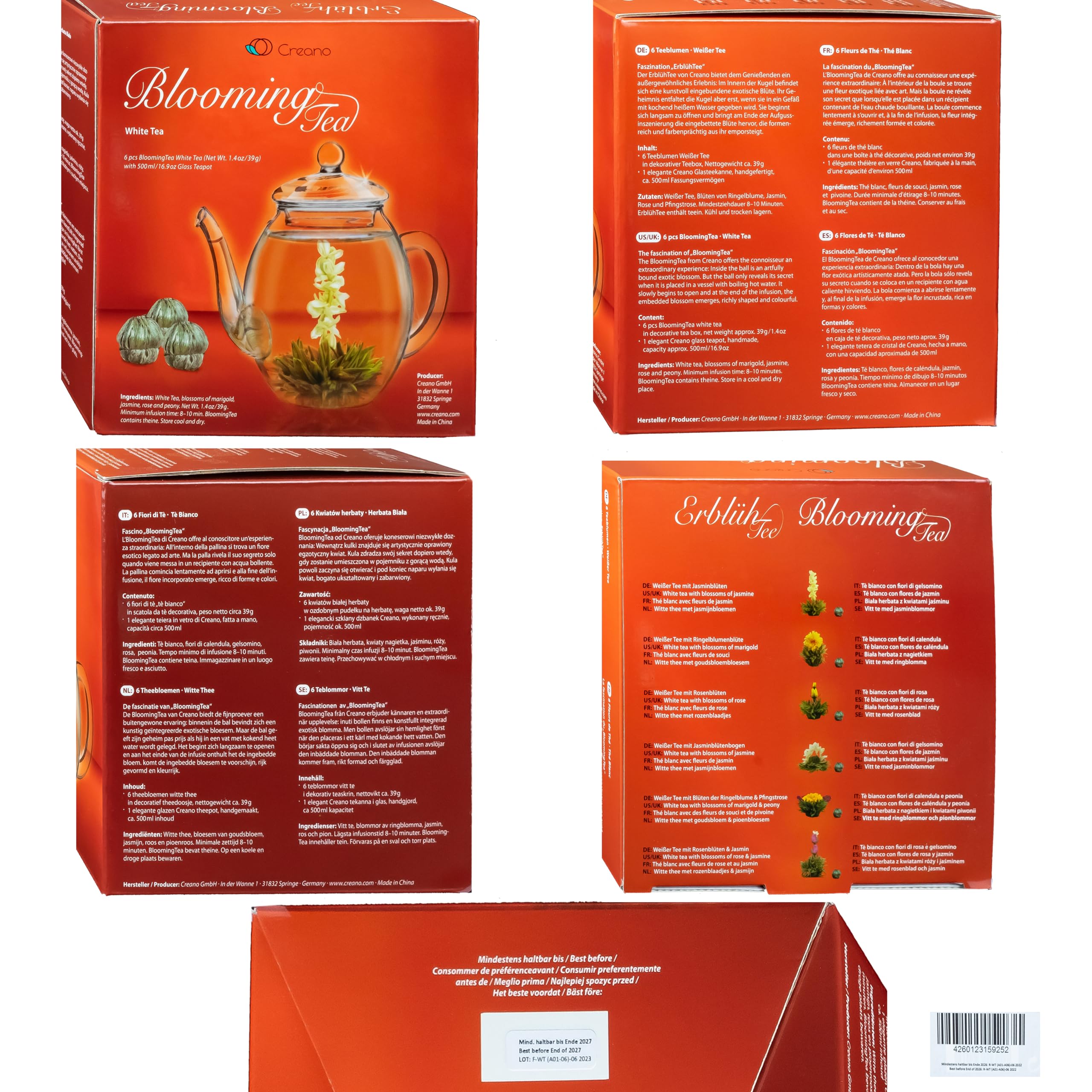 Creano Coffret „Récolte de Printemps“ 6 fleurs de thé – Théière en verre 500ml sans goutte – 6 variétés de thé blanc – Idée cadeau exceptionnelle – Verre borosilicate – Thé en Fleurs