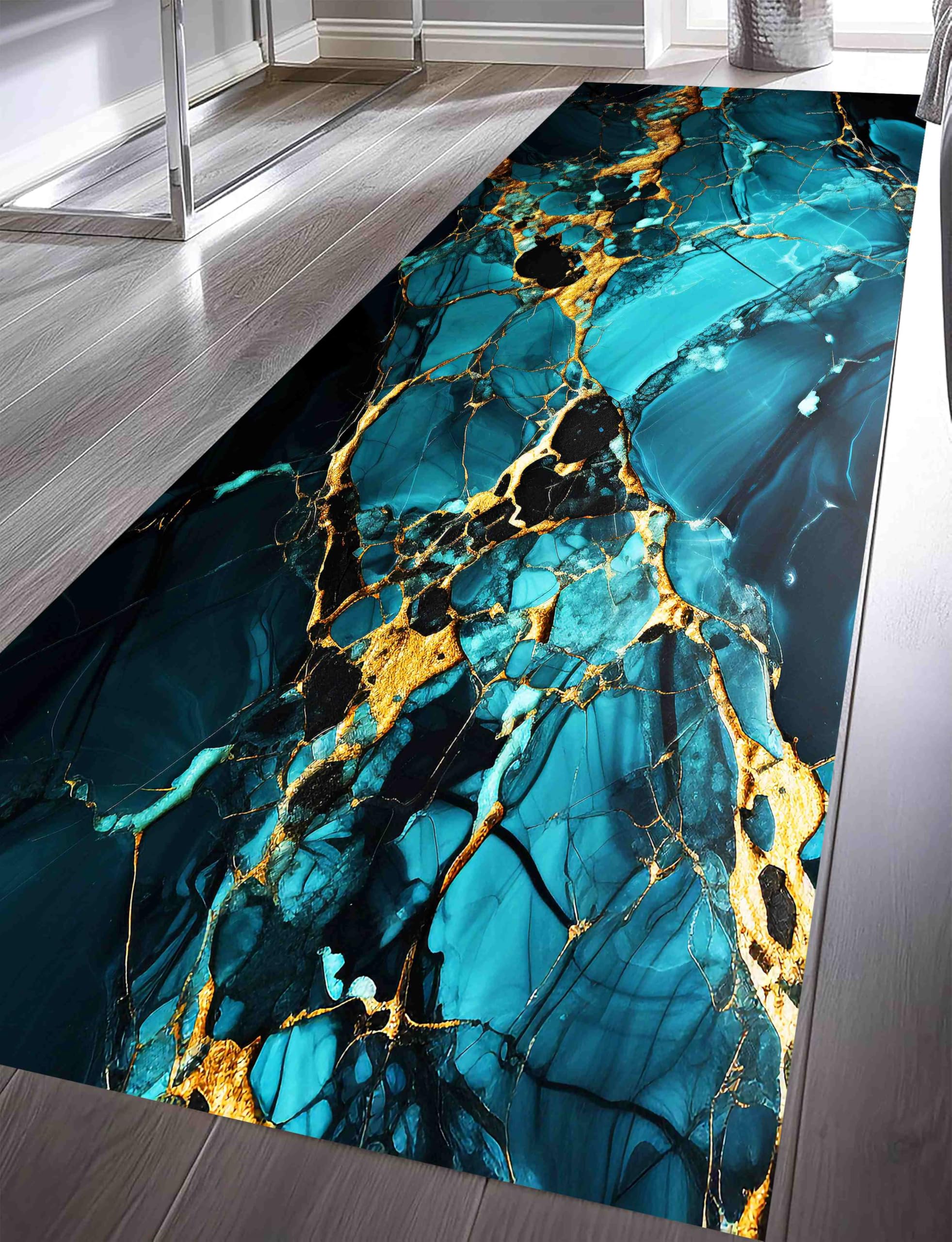 Stylish Runner for Hallway,50x150cm, Modern Abstract Marble Stripe Non-Slip Low Pile Rug, Long Hallway Washable Carpet, Foyer Short Runner Rugs for Living Room Bedside Kitchen Lounge - Dark Blue