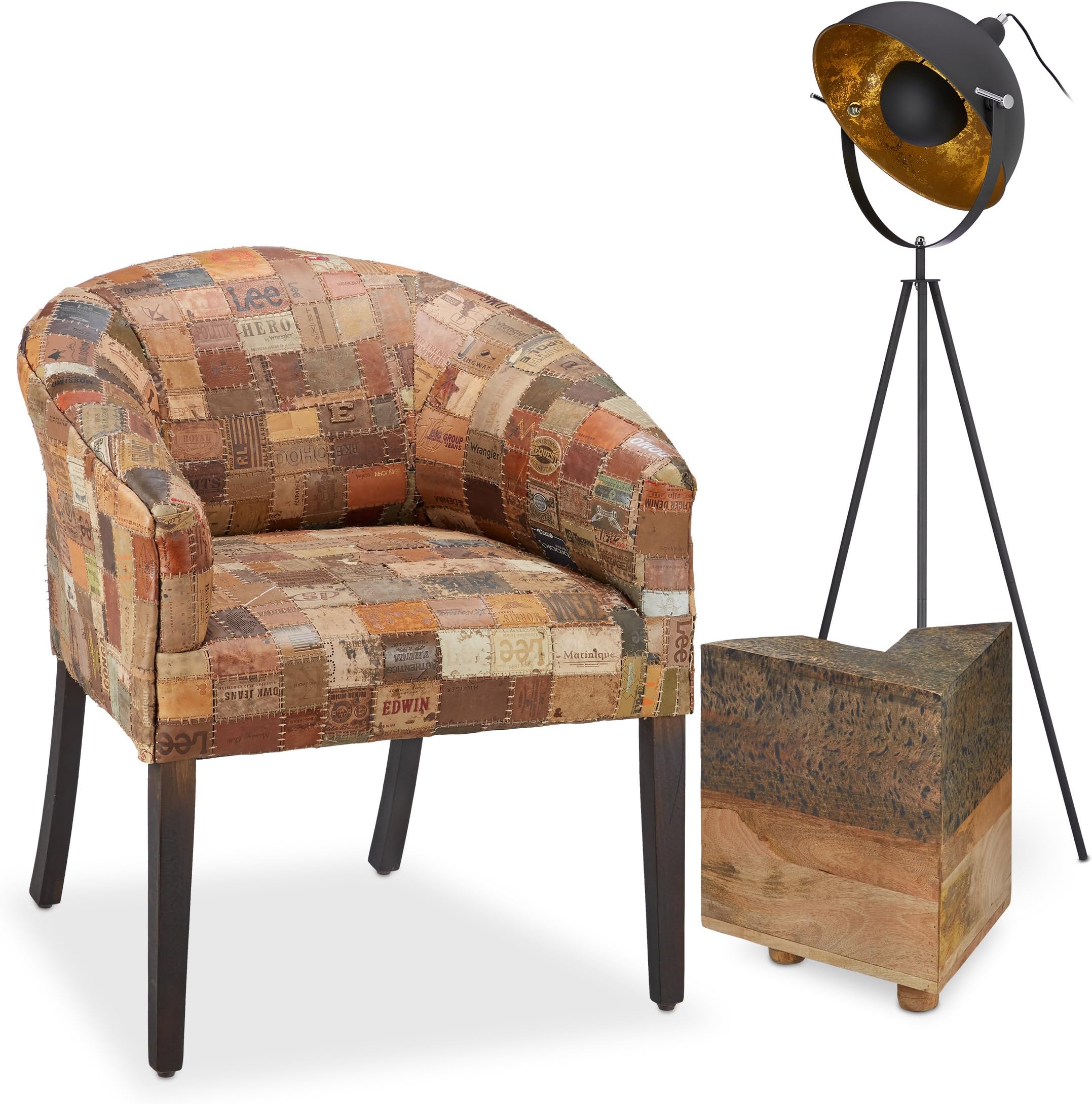 Native Home Patchwork Club Chair, Relaxing Armchair with Armrests, Low Recliner, HWD: app. 80 x 70 x 70 cm, Brown