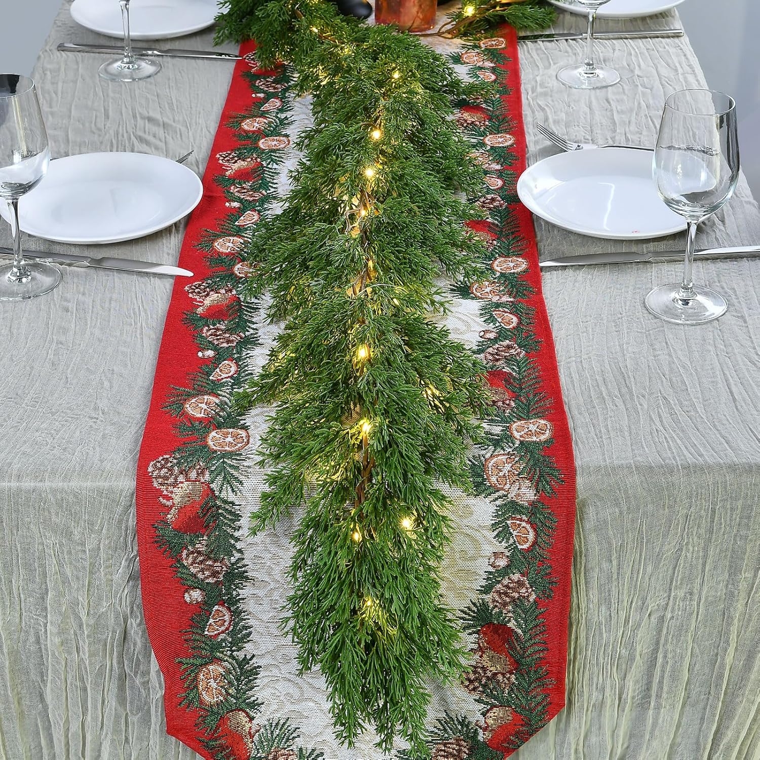 2PCS 6.2FT Christmas Garland with Lights, Real Touch Cedar Garland Thick and Lush Greenery with Soft Artificial Pine Branches for Mantle Fireplace Table Wall Outdoor Indoor Christmas Decorations 6.2 Ft Tower Pine with Light 2