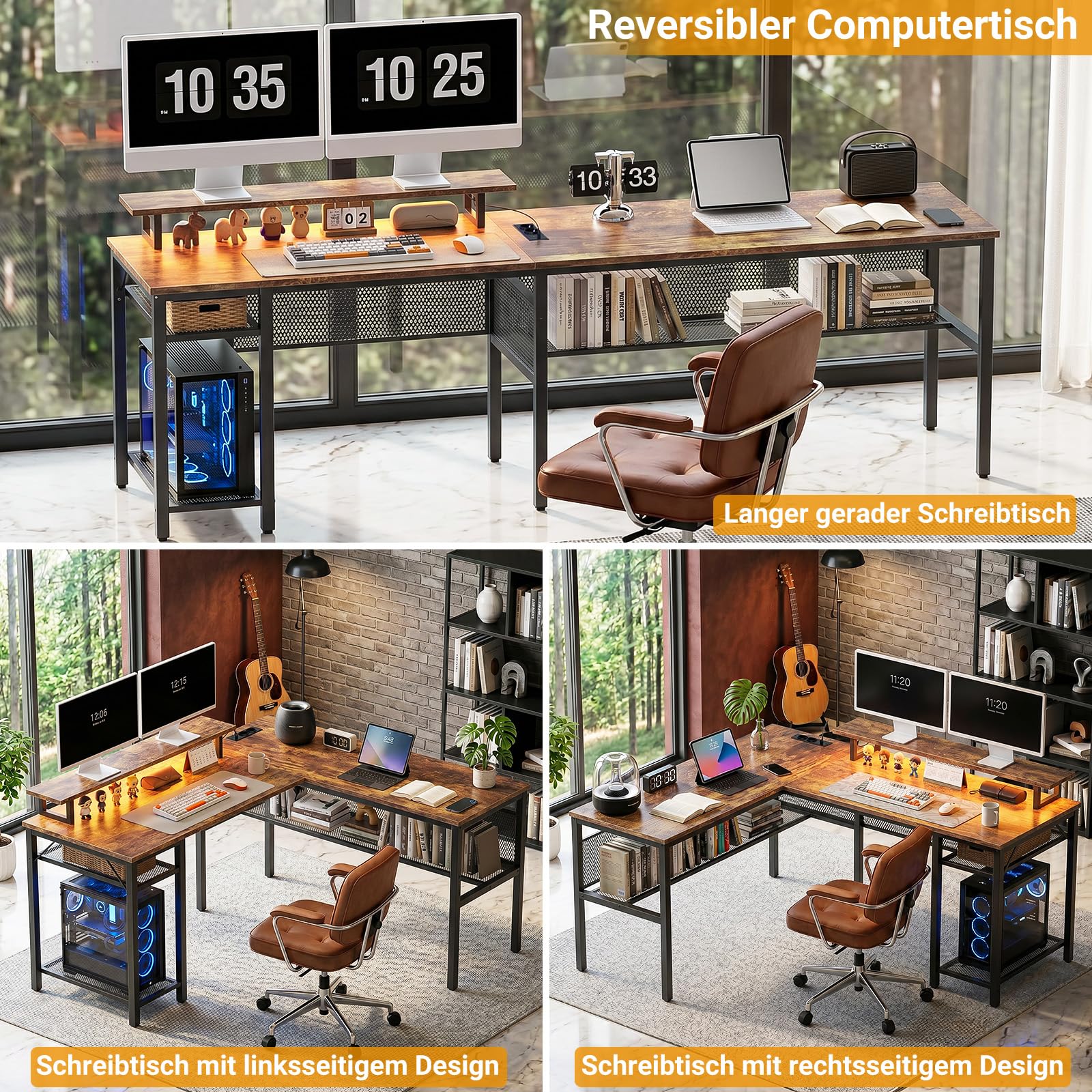 Homieasy Gaming Schreibtisch Eckschreibtisch L Form Reversibel LED | Metallrahmen Mit Holzplatten, Monitorständer Und Regal, Steckdosen, USB-A Und USB-C