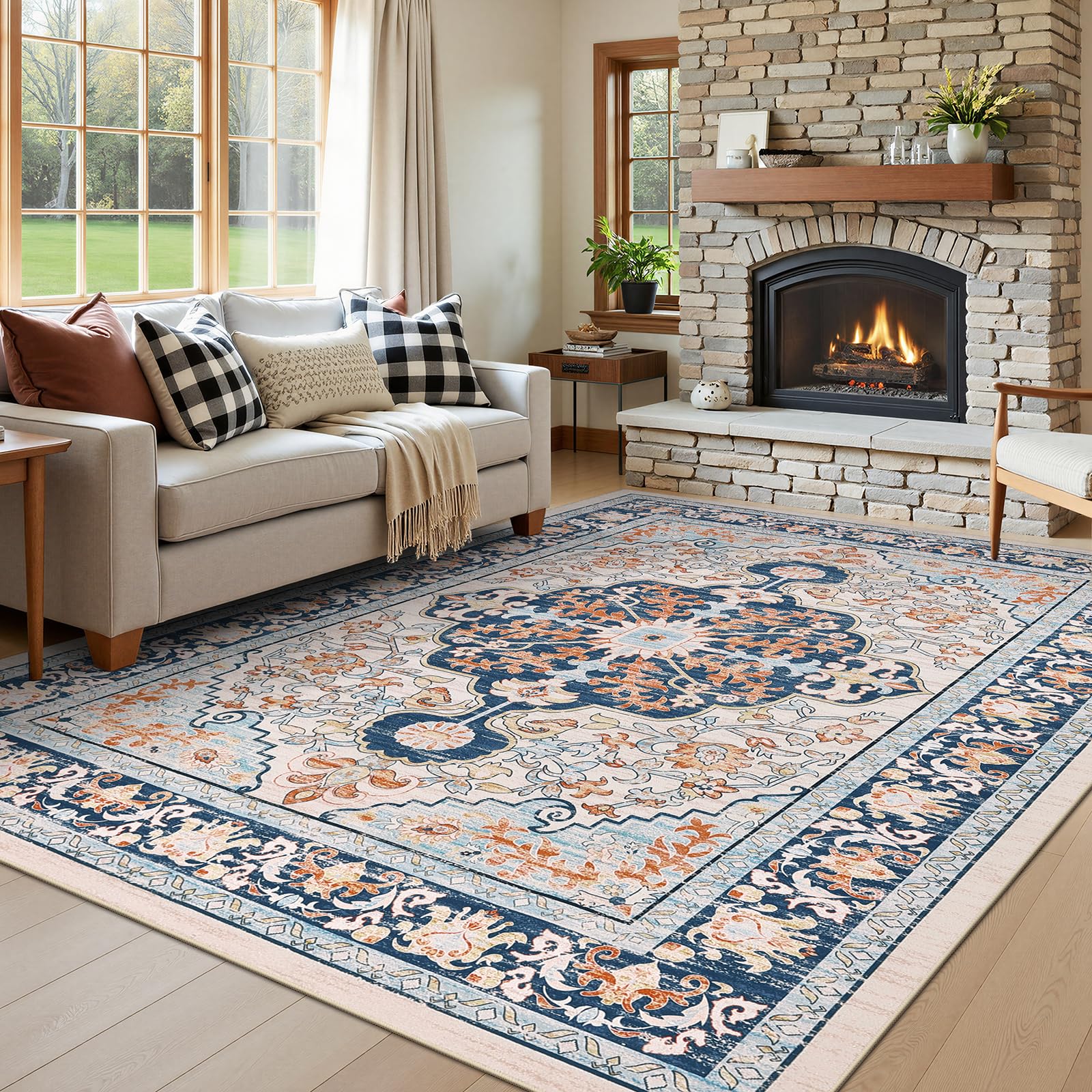 U'Artlines Tapis vintage bohème de 15,2 x 24,7 cm, lavable en machine, tapis de sol doux, antidérapant et antidérapant pour salon, chambre à coucher, entrée, salle à manger, bureau, orange et bleu
