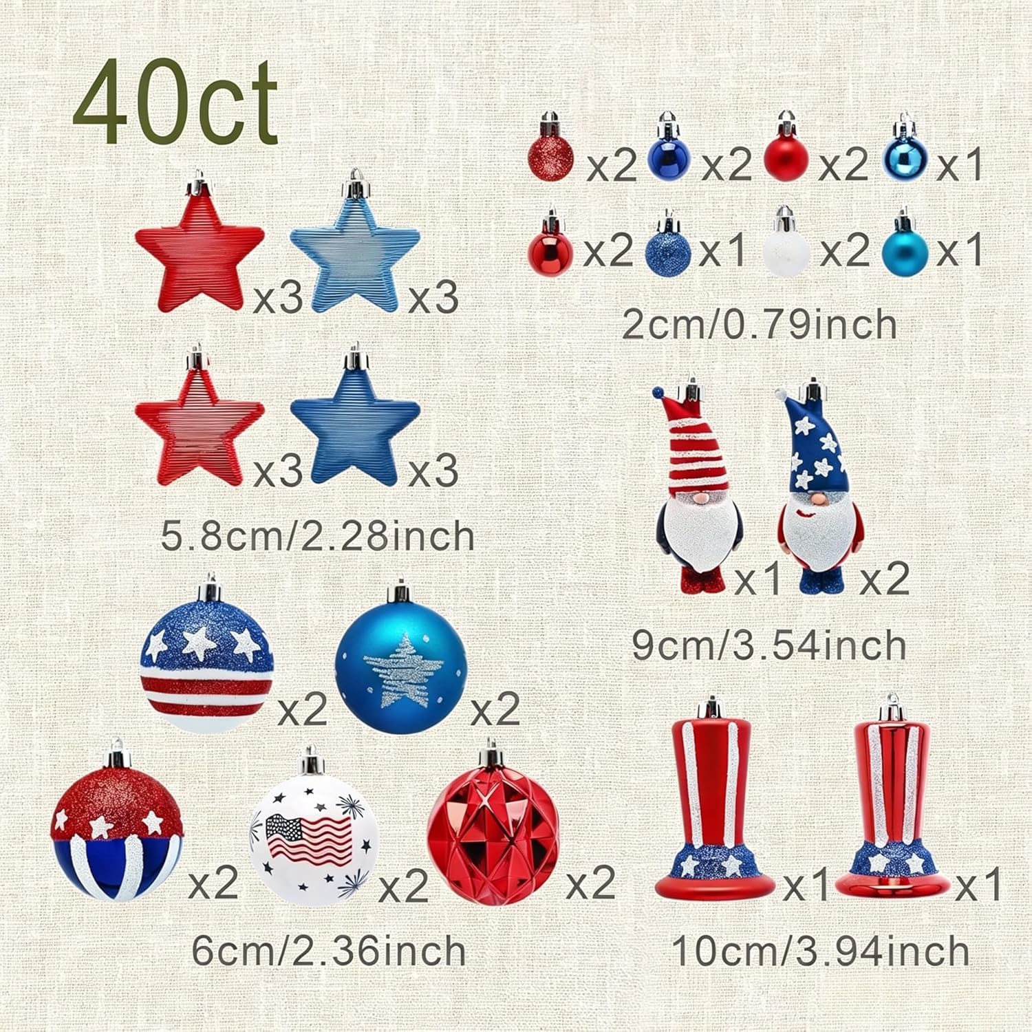 DecorbyHannah 4th of July Ornaments Tree Decorations,40ct Memorial Day Ornaments for Patriotic Red White Blue Decorations Shatterproof Hanging Ornaments for Independence Day,Flag Day,USA 250th Holiday