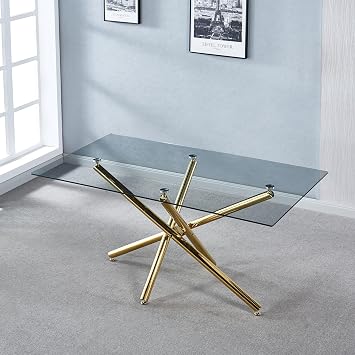 63" Glass Dining Table for 6, Modern Kitchen Table with Rectangular Tempered Glass Top and 4 Chrome Legs, Large Dining Table for Office Kitchen Living Meeting Room, Gold