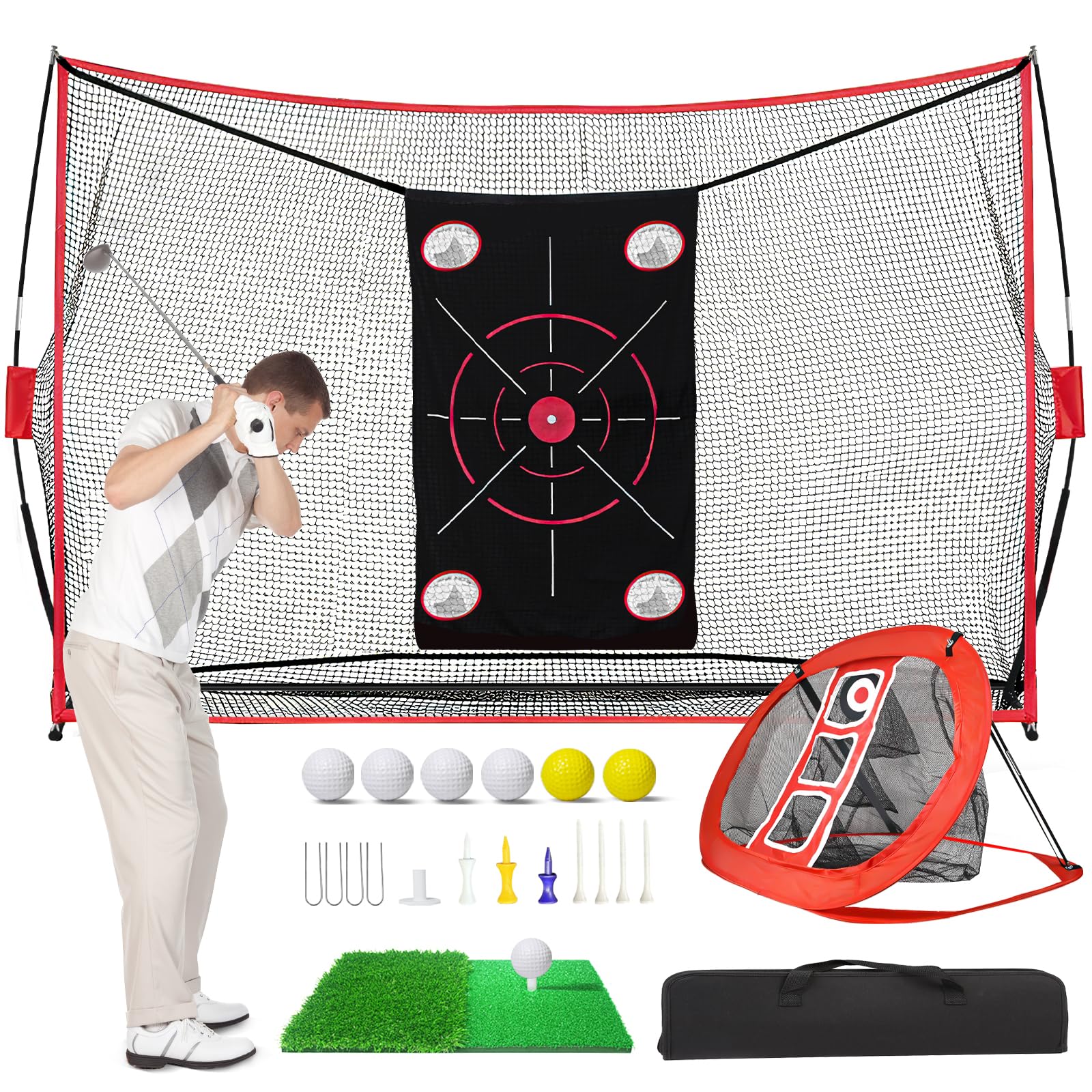 KRYZENTA Golf Net, 10x7ft Practice Net with Chipping Nets, Foldable Mat, Silk Target, 8 Tees, 6 Balls, Carry Bag, Golf Hitting Aid Nets for Backyard Training, Gifts for Golfer/Men/Him/Dad