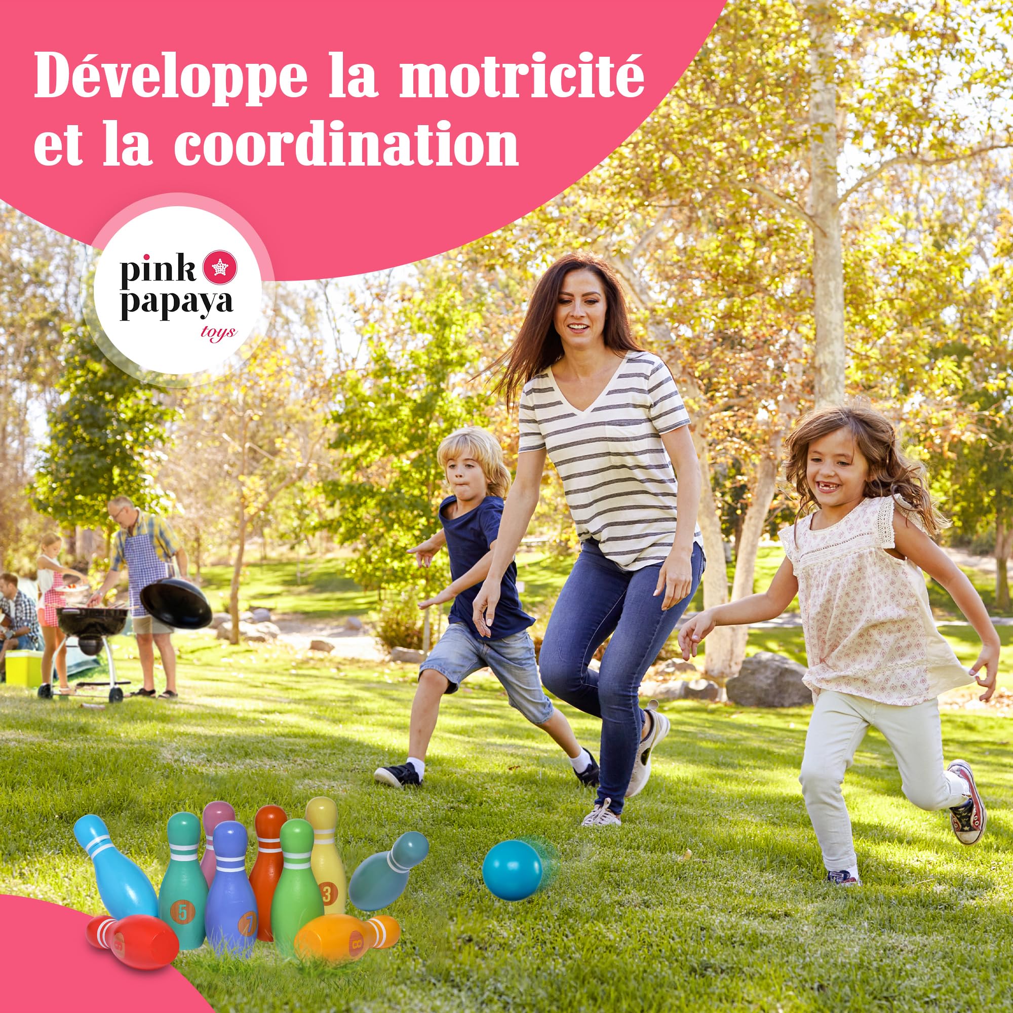 Pink Papaya Jeu de quilles Enfants 12 Pièces Set Bowling Garçon Fille Jouets Intérieur Extérieur