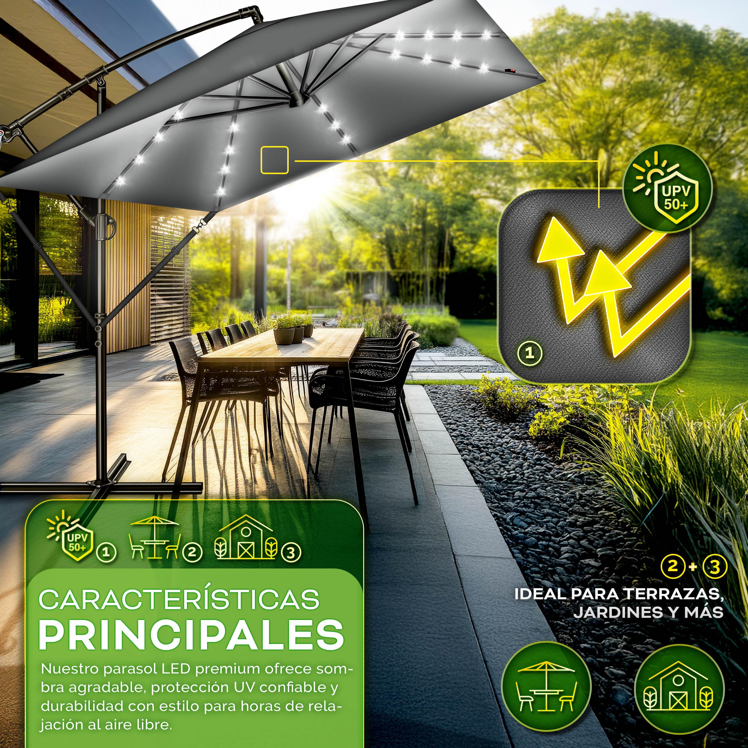 tillvex® Sombrilla de Jardín Rectangular Ø 330 cm con Manivela + Funda con Manivela | Sombrilla Terraza con Protección Viento | Parasol mercado impermeable + Protección UV