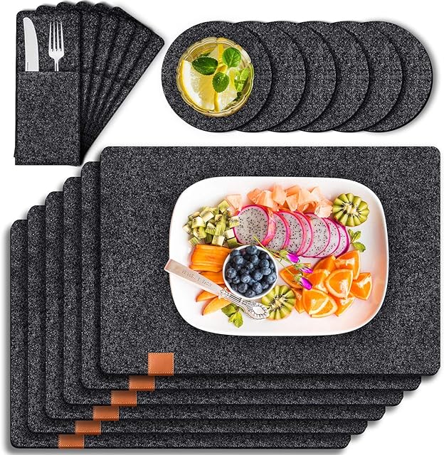 Tendak Felt Placemats and Coasters Set of 6, Heat Resistant Table Mats 44x32cm, 6 Cutlery Bags, Wear Resistant Washable Kitchen Dining Place Mats for Home Restaurant Hotel, Dark Gray (18 Pcs)