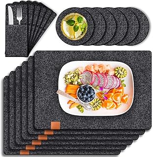Tendak Felt Placemats Placemat,with 6 Placemats Wipeable 44x32cm,6 Coasters and 6 Cutlery Bags,Heat-Resistant and Washabl...