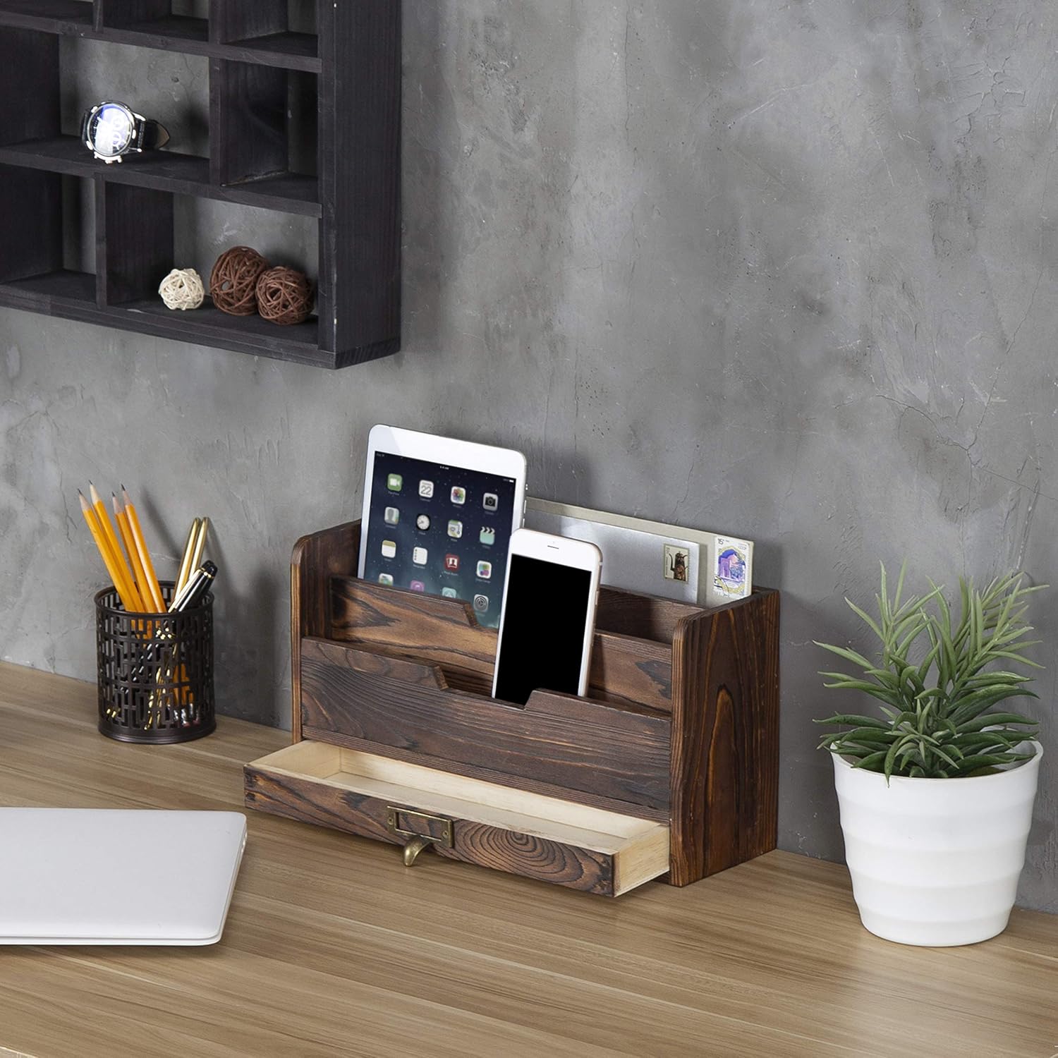 MyGift 3 Slot Rustic Coffee Brown Wood Office Desk File Organizer Holder, Desktop Mail Letter Sorter Tray Document Holder with Pull-Out Storage Drawer