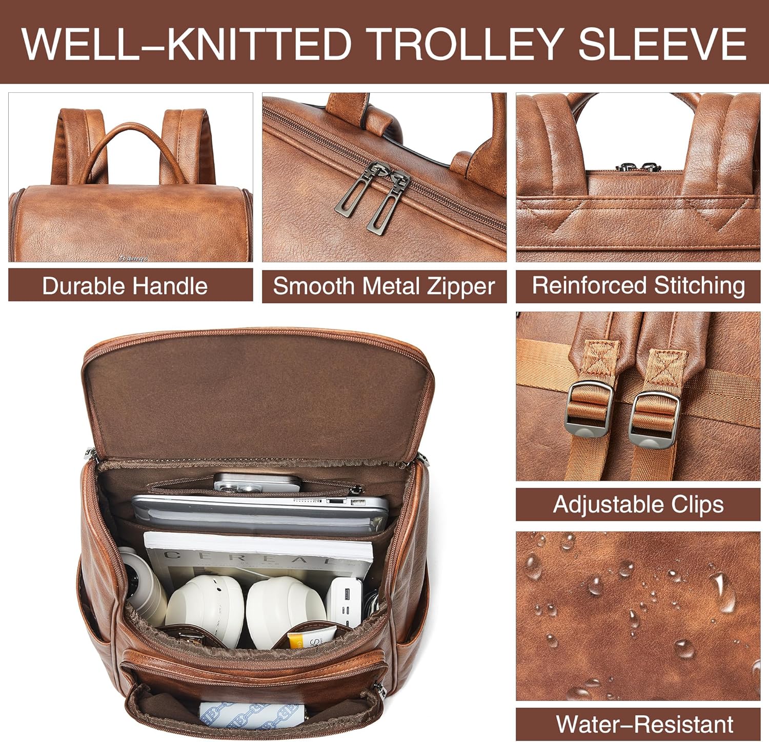 Leather Backpack for Women, Fits 17 Inch Laptop in Main Compartment, Dedicated 15.6 Inch Padded Sleeve, Large Vegan Leather Travel Computer Bag with Luggage Strap for Business and Work, Brown - Image 6