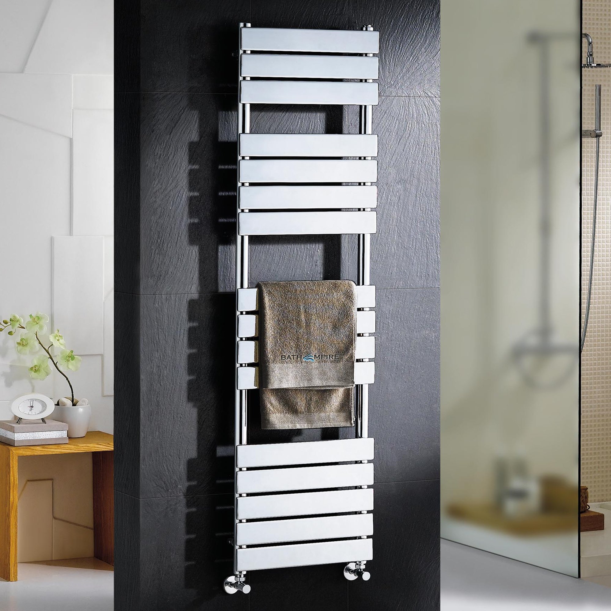 iBathUK Zerith Wall Mounted Flat Panel Heated Towel Rail, 16 Column Slim Flat Steel Hydronic Central Heating High Thermal Output Designer Bathroom Towel Radiator in Chrome, 1600 × 450mm