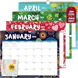 Decorably 18 Months Colorful Landscape Wall Calendar with Stickers January 2026 to June 2027, 14.5x11.5in Spring-Bound Sheets with Inspirational Quotes for Office, Home and School