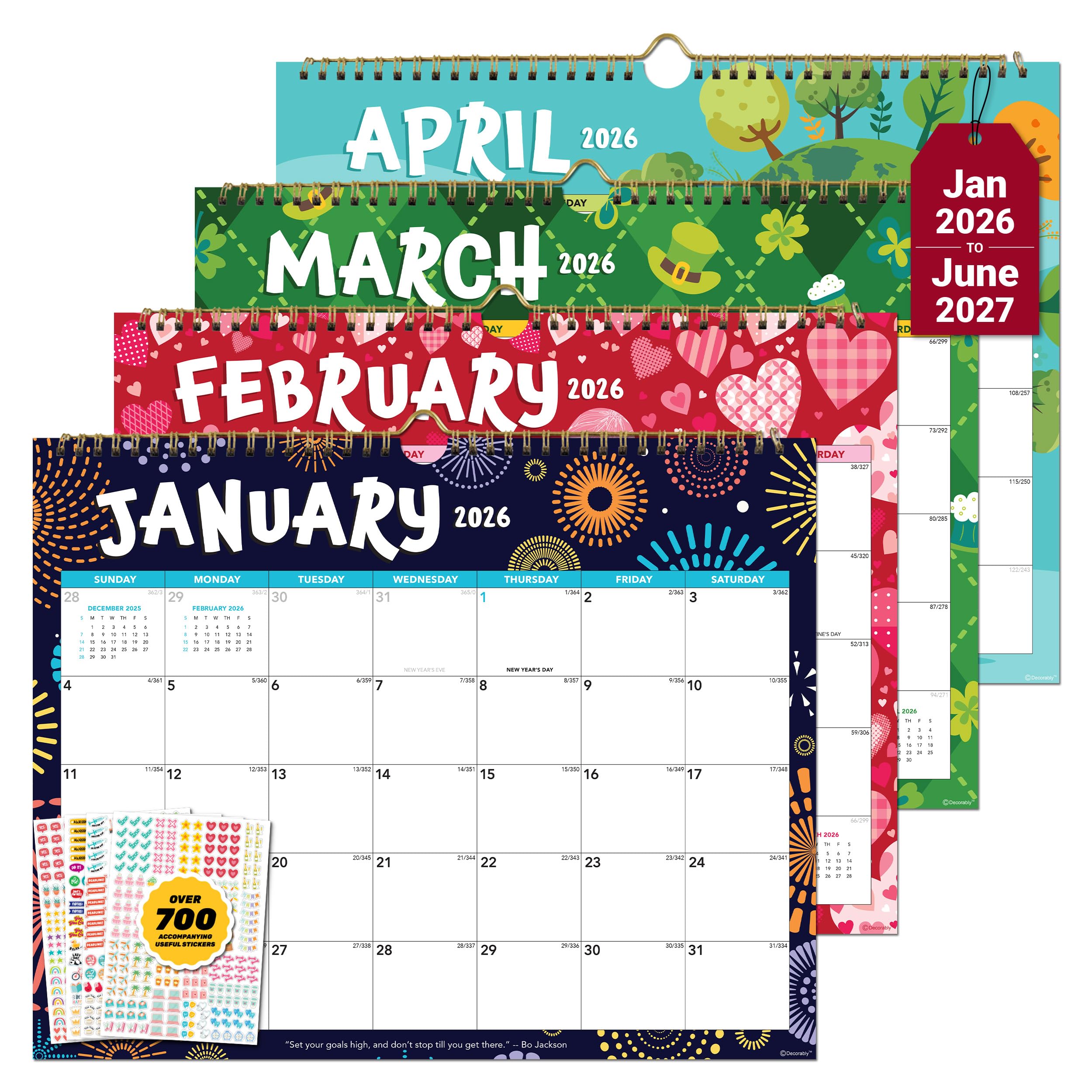 Decorably 18 Months Colorful Landscape Wall Calendar with Stickers January 2026 to June 2027, 14.5x11.5in Spring-Bound Sheets with Inspirational